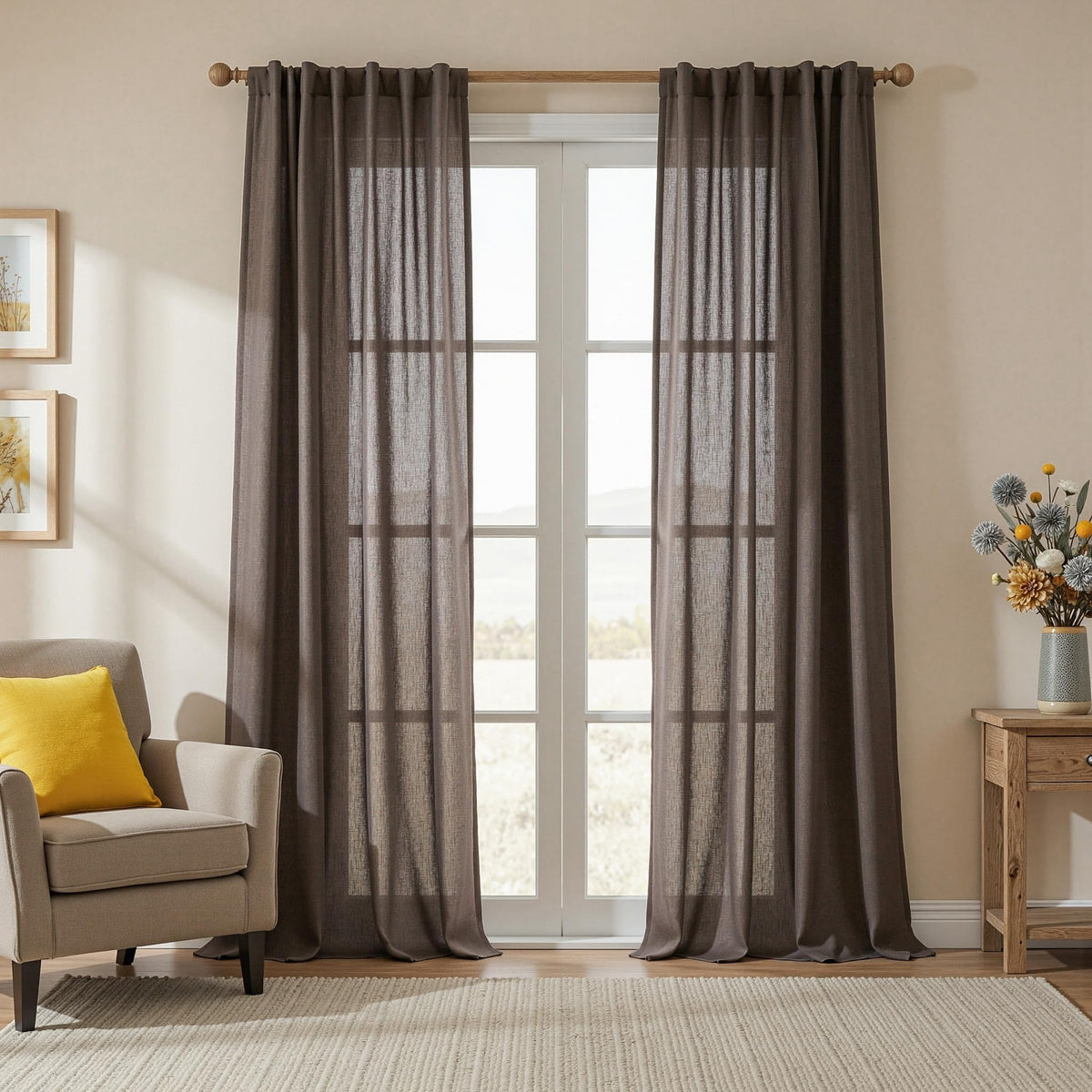 MYSKY HOME Linen Curtains for Living Room, Natural Semi Sheer Curtains & Drapes 84 inches Length 2 Panels Set Farmhouse Country Boho Style Back Tab Draperies for Sliding Glass Door, 50" Wide, Linen