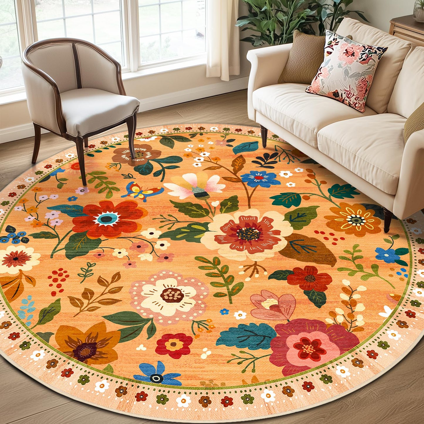 RELEANY Floral Washable 5x7 Area Rugs Beige/White/Orange | Flower Carpet, Print, Boho, Non-Slip, Easy to Clean, Soft, Low Pile for Living Room Bedroom Kitchen Office Entryway Hallway