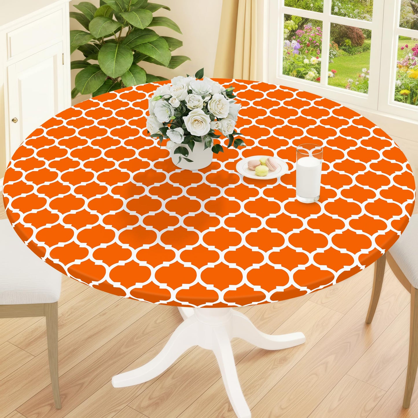 Smiry Round Picnic Tablecloth, Waterproof Elastic Fitted Table Covers for 45" - 56" Tables, Wipeable Flannel Backed Vinyl Tablecloths for Camping, Indoor, Outdoor, Grey & White