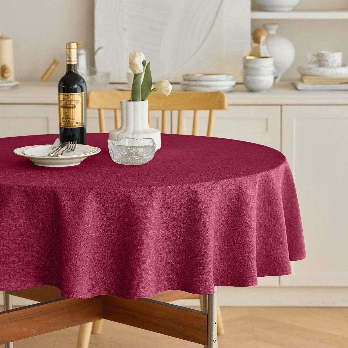 Decorelia Faux Linen Round Tablecloths 60 inch, Waterproof Decorative Washable Texture Rustic Circle Table Cloth Cover for Dining Kitchen Party Farmhouse Outdoor(Round (2-4 Seats),Sage Green)