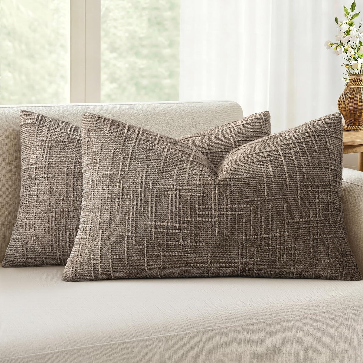MIULEE Chenille Textured Throw Pillow Covers Cream White 18x18 Set of 2 | Slubby Decorative Pillows, Boho Farmhouse Home Decor, Modern Neutral Cushion Covers for Couch Sofa Bed Living Room