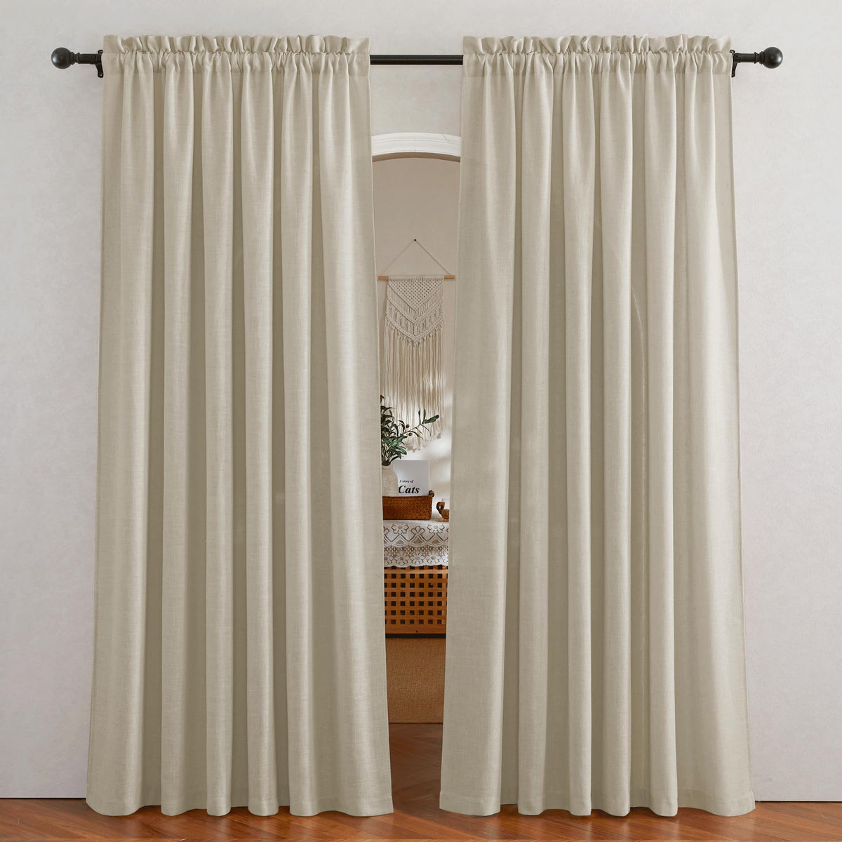 RYB HOME White Semi Sheer Curtains 84 inches Long for Living Room | Half Privacy, Linen Textured, Sheer Light Filtering, Vertical Window Drapes, for Bedroom Dining, White, W52 x L84, 2 Panels