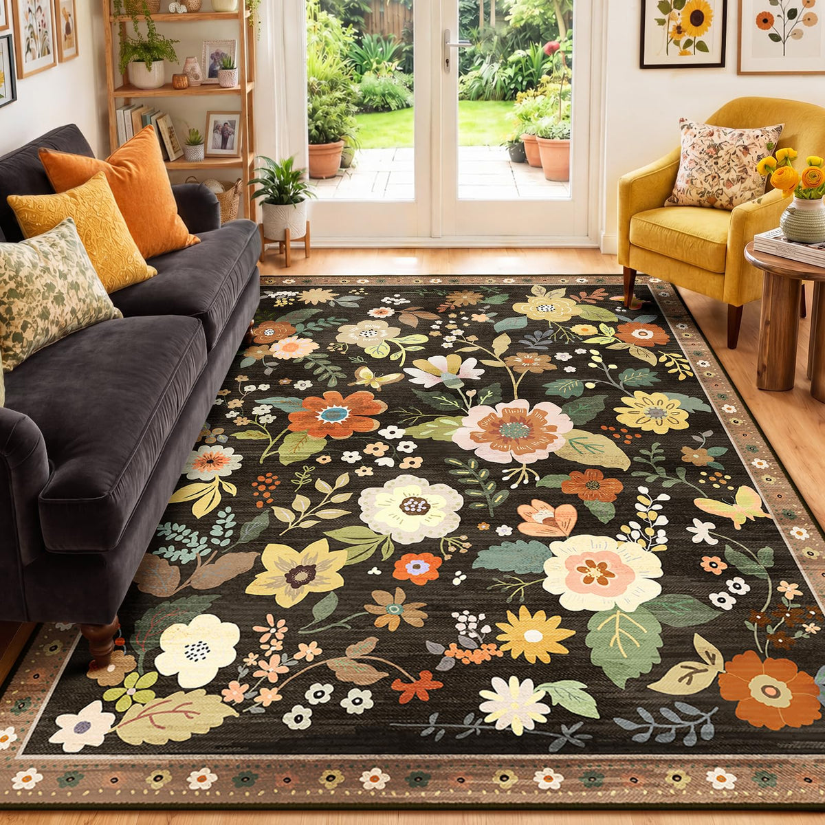 RELEANY Floral Washable 5x7 Area Rugs Black | Flower Carpet, Print, Boho, Non-Slip, Easy to Clean, Soft, Low Pile for Living Room Bedroom Kitchen Office Entryway Hallway