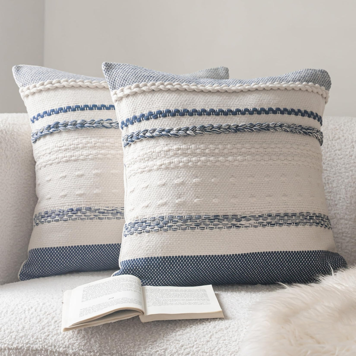 Cethom Boho Throw Pillow Covers 18x18 Inch Set of 2, Blue Textured Decorative Couch Pillow Cases for Farmhouse Home Decor, Accent Cushion Cover for Sofa, Bed, Living Room, Bedroom