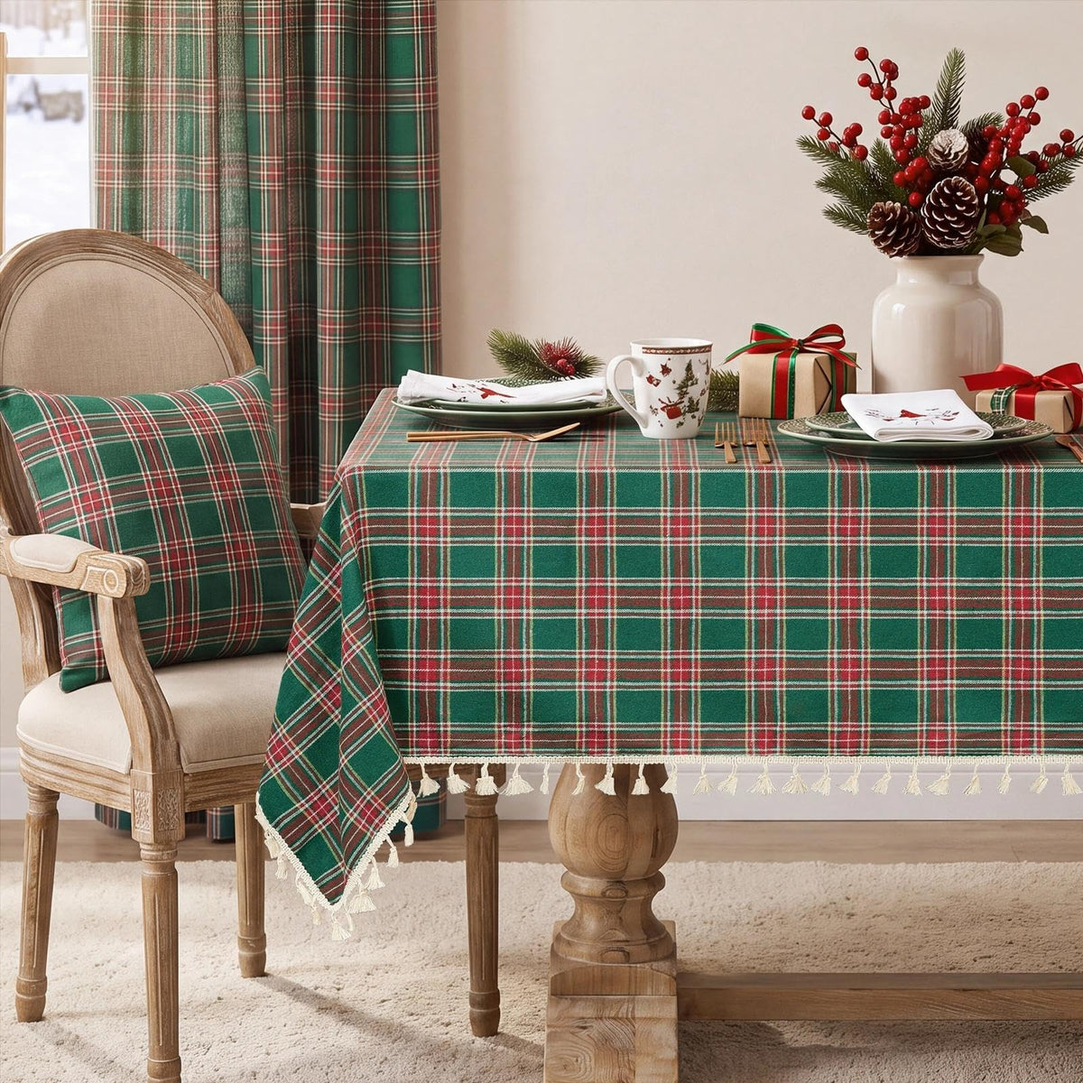 Softalker Outdoor Checkered Tablecloth, Linen Cotton Gingham Table Cloths for 6 Foot Rectangle Tables with Tassel, Heavy Duty Wrinkle Free Plaid Table Cover for Picnic Camping - 55 x 84 Inch, Sage