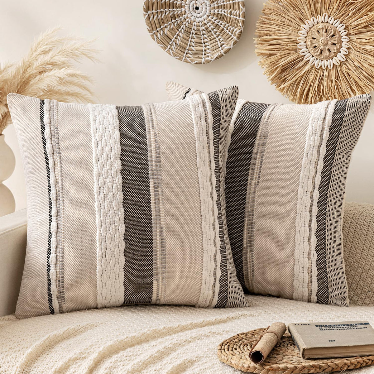 ANRODUO Boho Decorative Pillow Covers Olive Green Stripe 18x18 Pack of 2 | Throw Pillow Covers, Farmhouse Cushion Case, Chenille Pillow Cases, Pillow Covers, Accent Neutral Pillowcase for Couch Bed