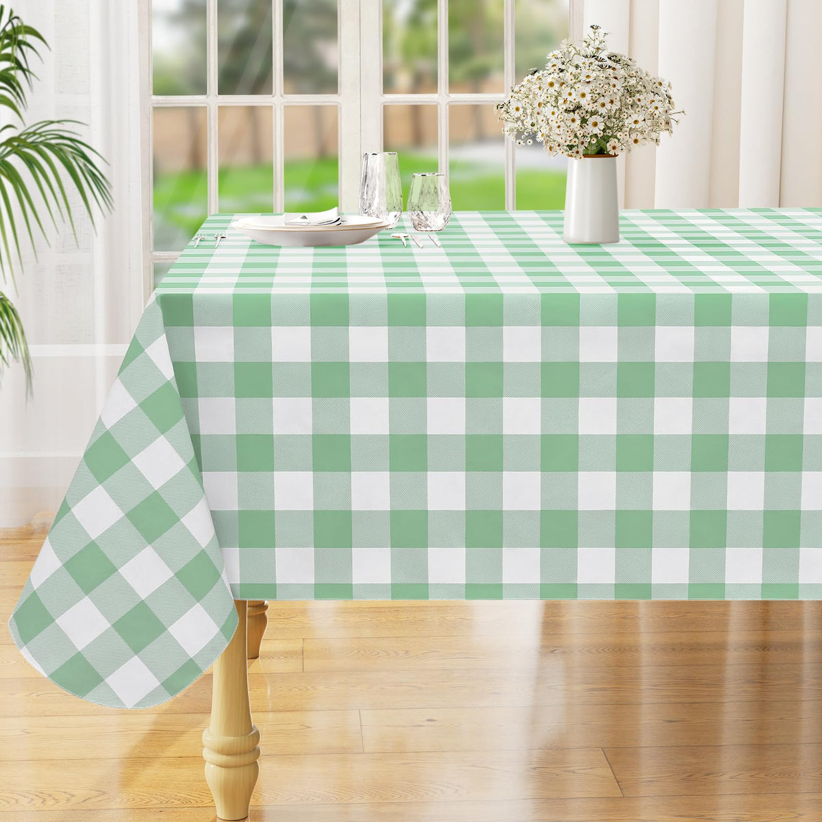 Rectangle Waterproof Vinyl Table Cloth, Buffalo Flannel Backed Tablecloth, Wipeable Plastic Table Cover for Dinner, Kitchen, Outdoor (60" x 84", Black and White)