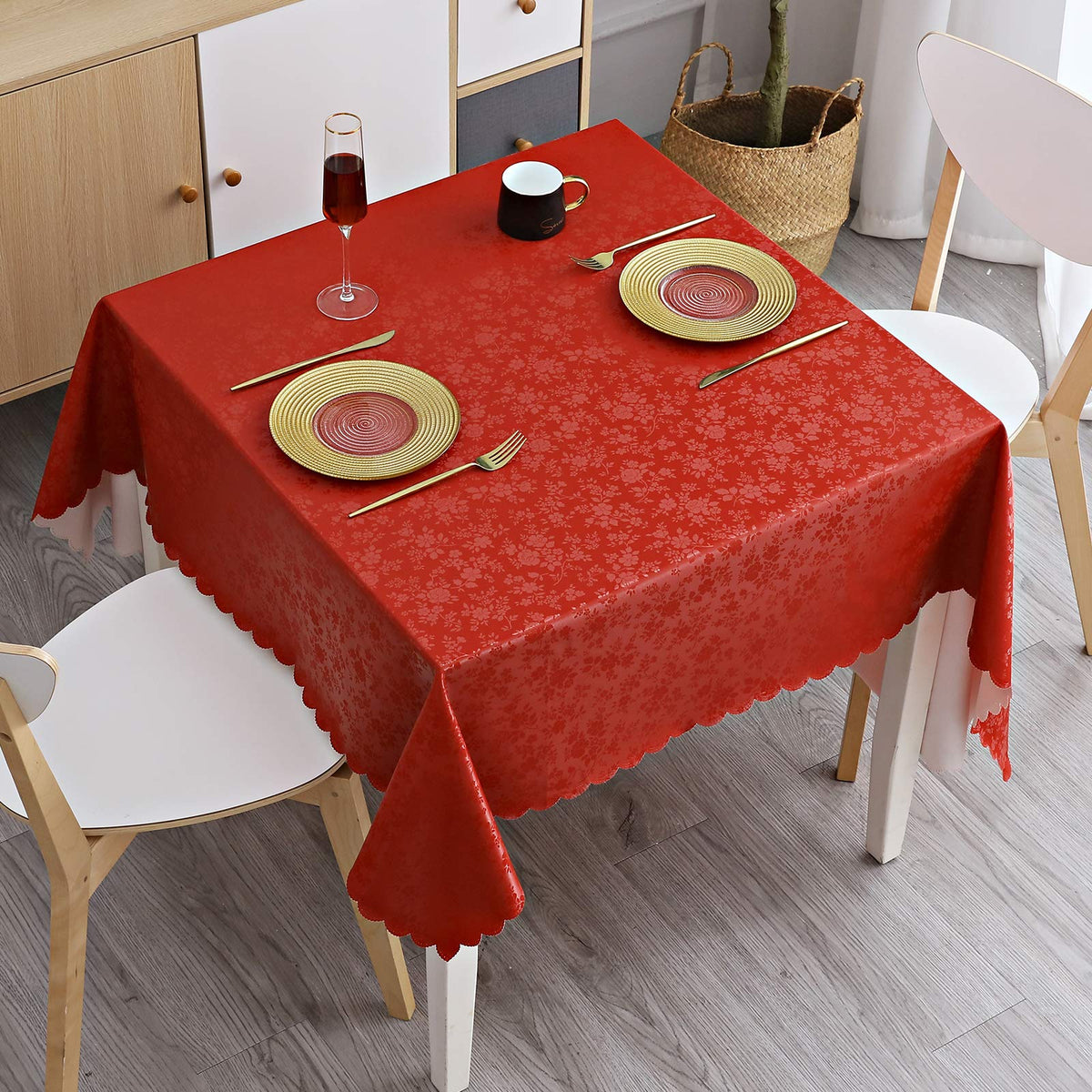 Smiry Rectangle Waterproof Heavy Duty Vinyl Tablecloths, 60 x 84 Inch | Wipeable Washable Floral Embossed Table Cover for Kitchen and Dining Room, Indoor & Outdoor Use, Beige