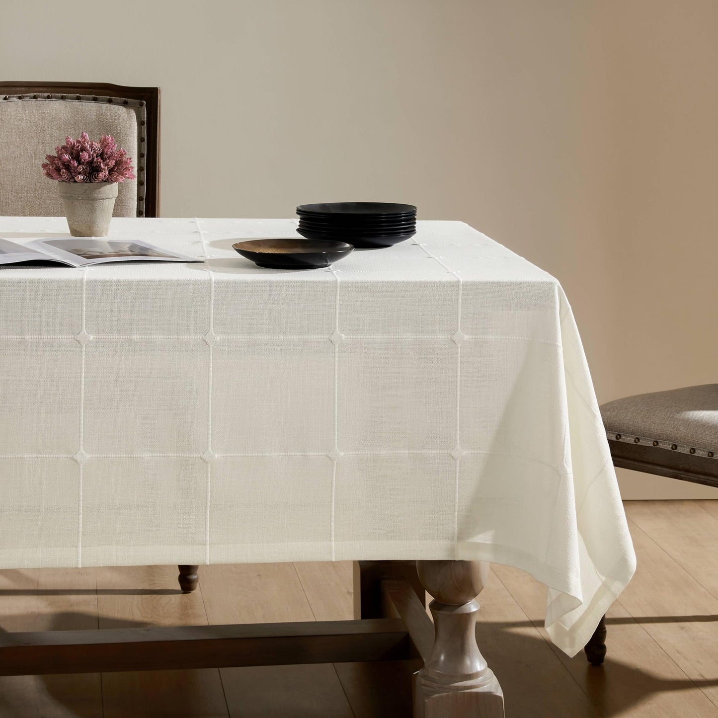Grid Embroidered Rectangle Hemmed Tablecloths 60x120in, Blue | Heavy Weight Non-sheer Linen Fabric, Mitered Corner Finish, Water Resistant Farmhouse Table Cover, Boho Plaid Home Decor