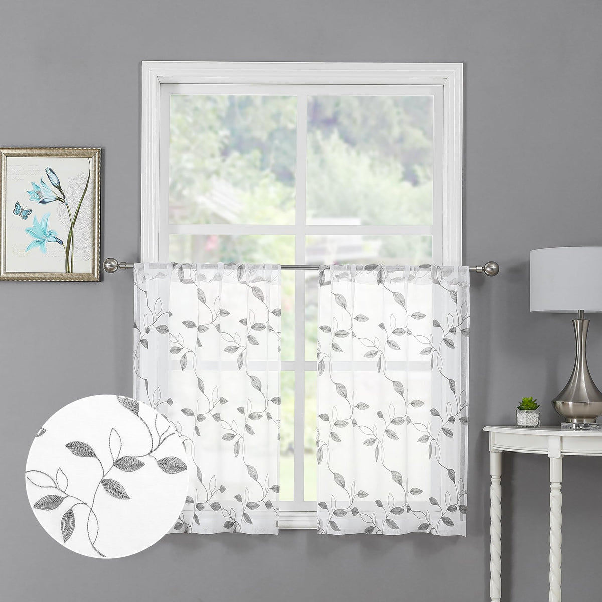 Tollpiz White Leaf Sheer Curtains Bedroom 54 x 84 Inches | Leaves Embroidered Curtain Rod Pocket Voile Window Treatment for Living Room, Set of 2 Panels