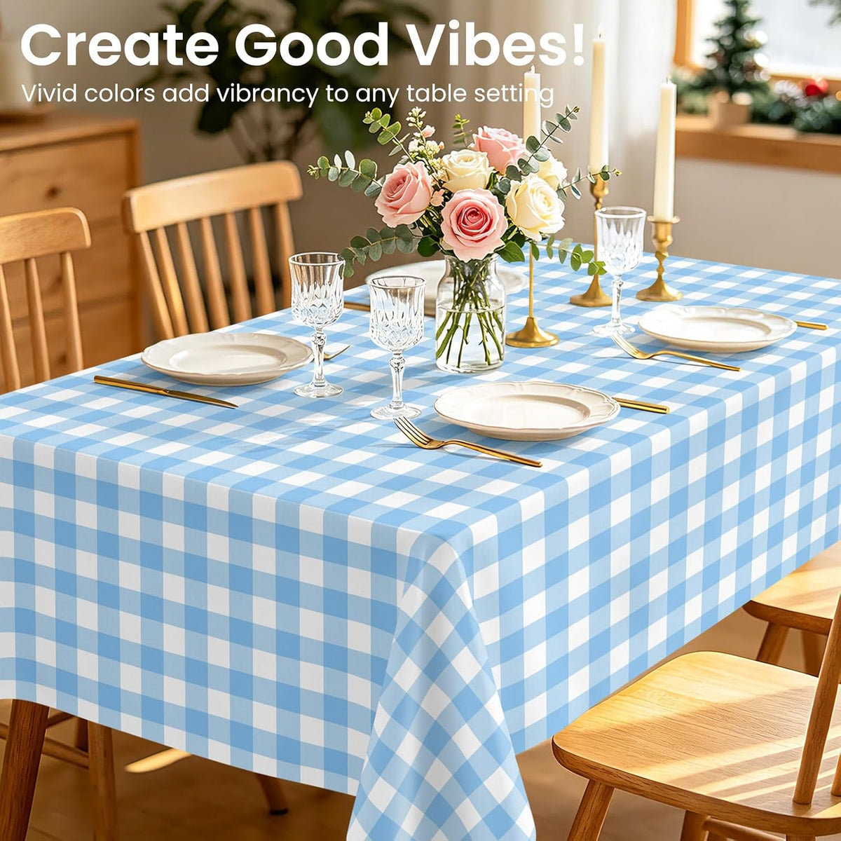 6 Pack Blue and White Checkered Tablecloth, Blue Plastic Table Cloths for Parties Disposable, 54 x 108 inch Waterproof Blue Gingham Camping Tablecloth for Birthday, Party, Picnic