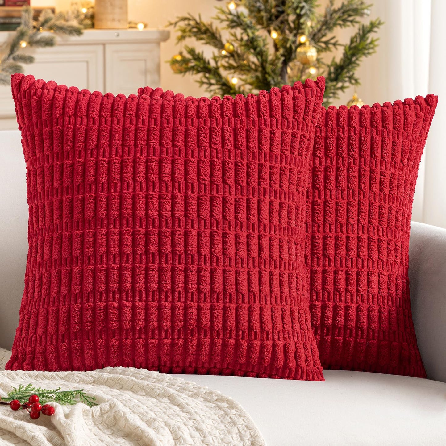 MIULEE Corduroy Decorative Throw Pillow Covers 18x18 Cream White Pack of 2 | Soft Boho Striped Pillow Covers Modern Farmhouse Home Decor For Sofa Living Room Couch Bed