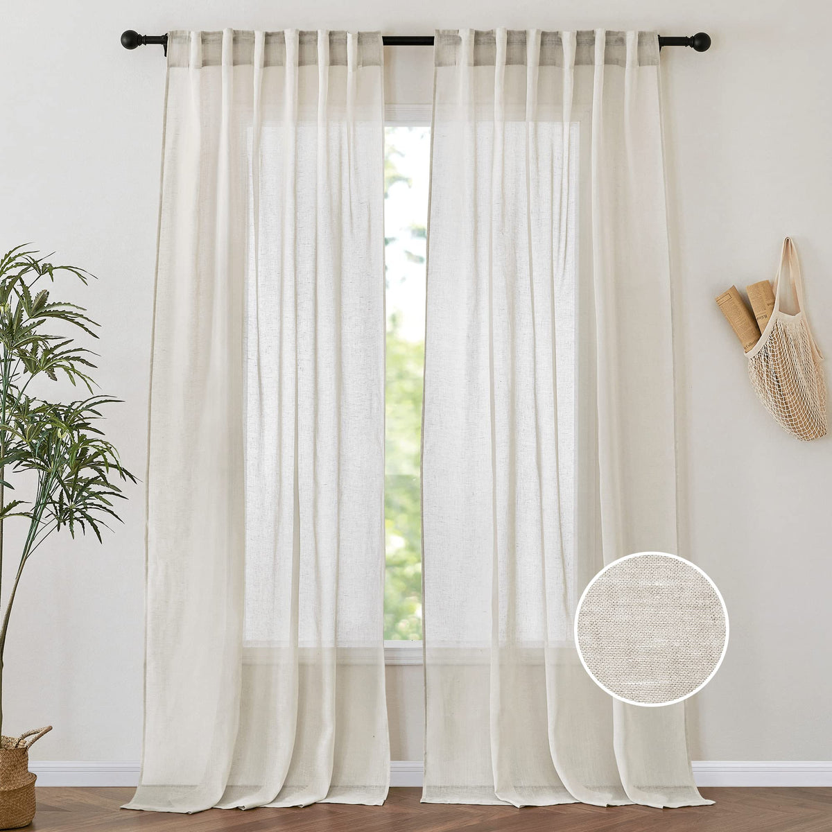 PONY DANCE White Sheer Curtains 96 inches Long, 2 Panels | Floor to Ceiling Curtains Living Room Window Treatments Natural Linen Blended Sheer Drapes for Bedroom, 52 Wide x 96 Long