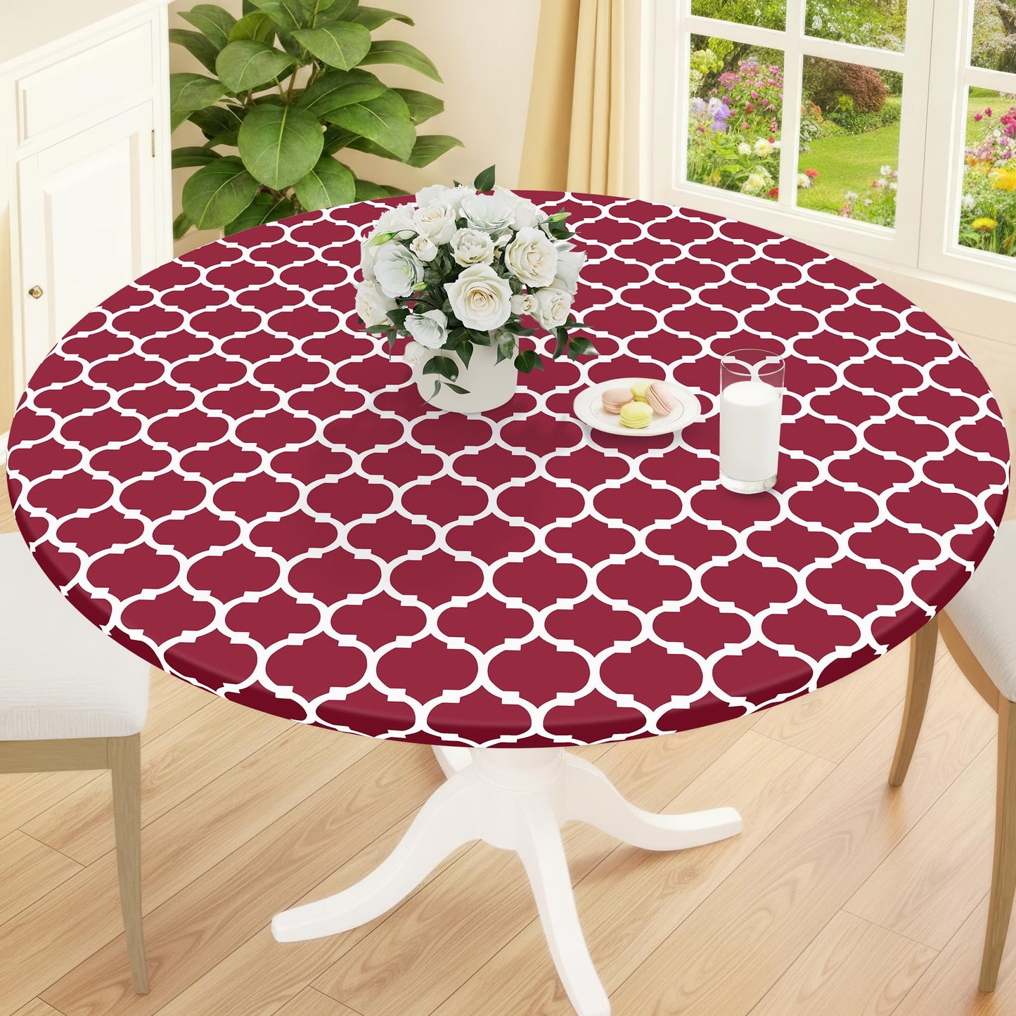 Smiry Round Picnic Tablecloth, Waterproof Elastic Fitted Table Covers for 45" - 56" Tables, Wipeable Flannel Backed Vinyl Tablecloths for Camping, Indoor, Outdoor, Grey & White