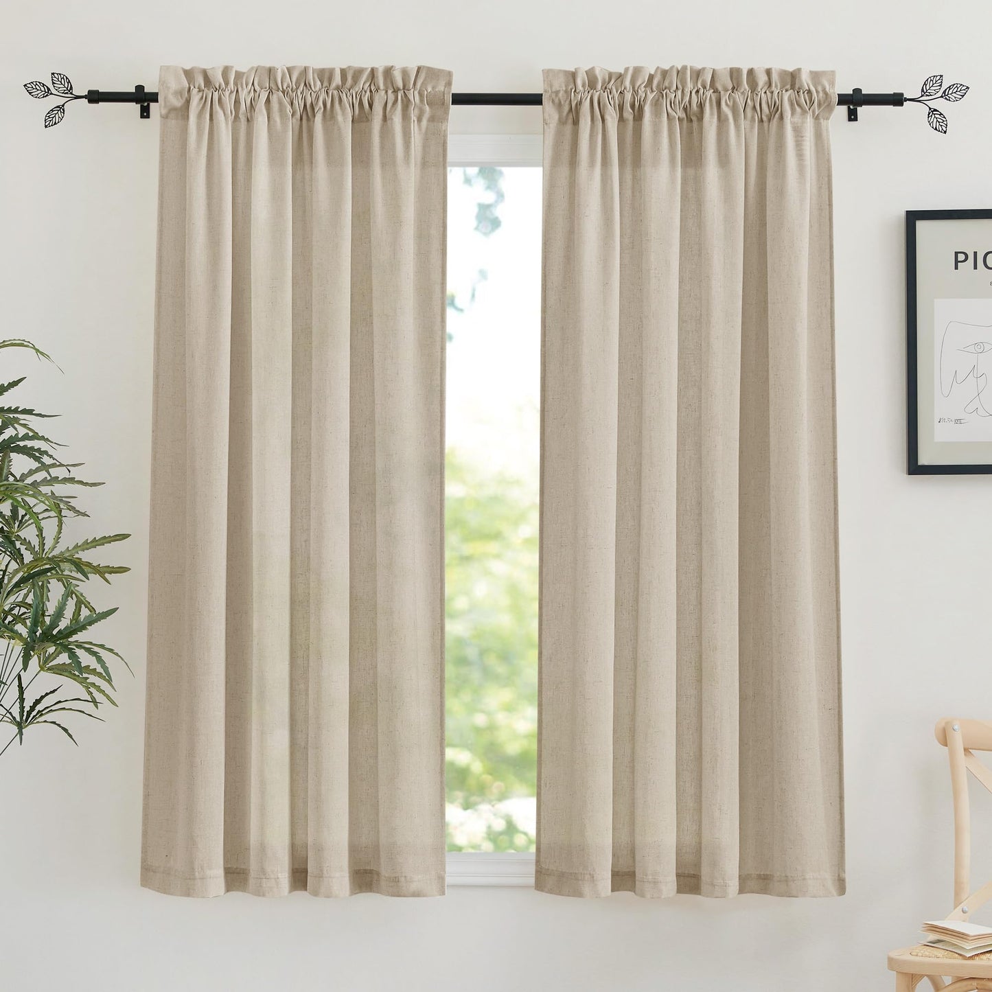 RYB HOME White Semi Sheer Curtains 84 inches Long for Living Room | Half Privacy, Linen Textured, Sheer Light Filtering, Vertical Window Drapes, for Bedroom Dining, White, W52 x L84, 2 Panels