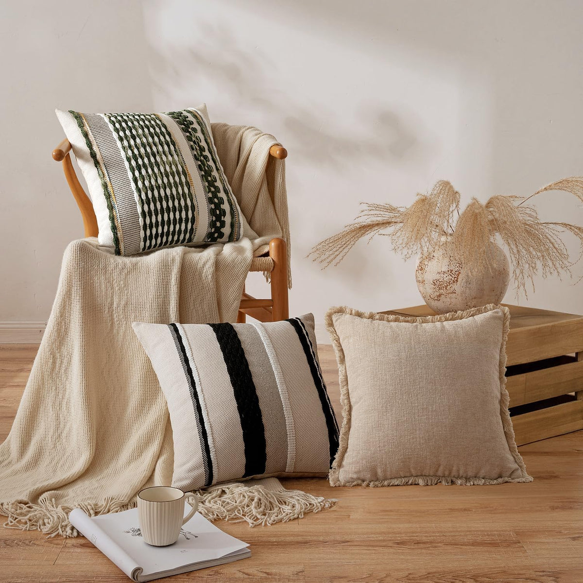 ANRODUO Boho Decorative Pillow Covers Olive Green Stripe 18x18 Pack of 2 | Throw Pillow Covers, Farmhouse Cushion Case, Chenille Pillow Cases, Pillow Covers, Accent Neutral Pillowcase for Couch Bed
