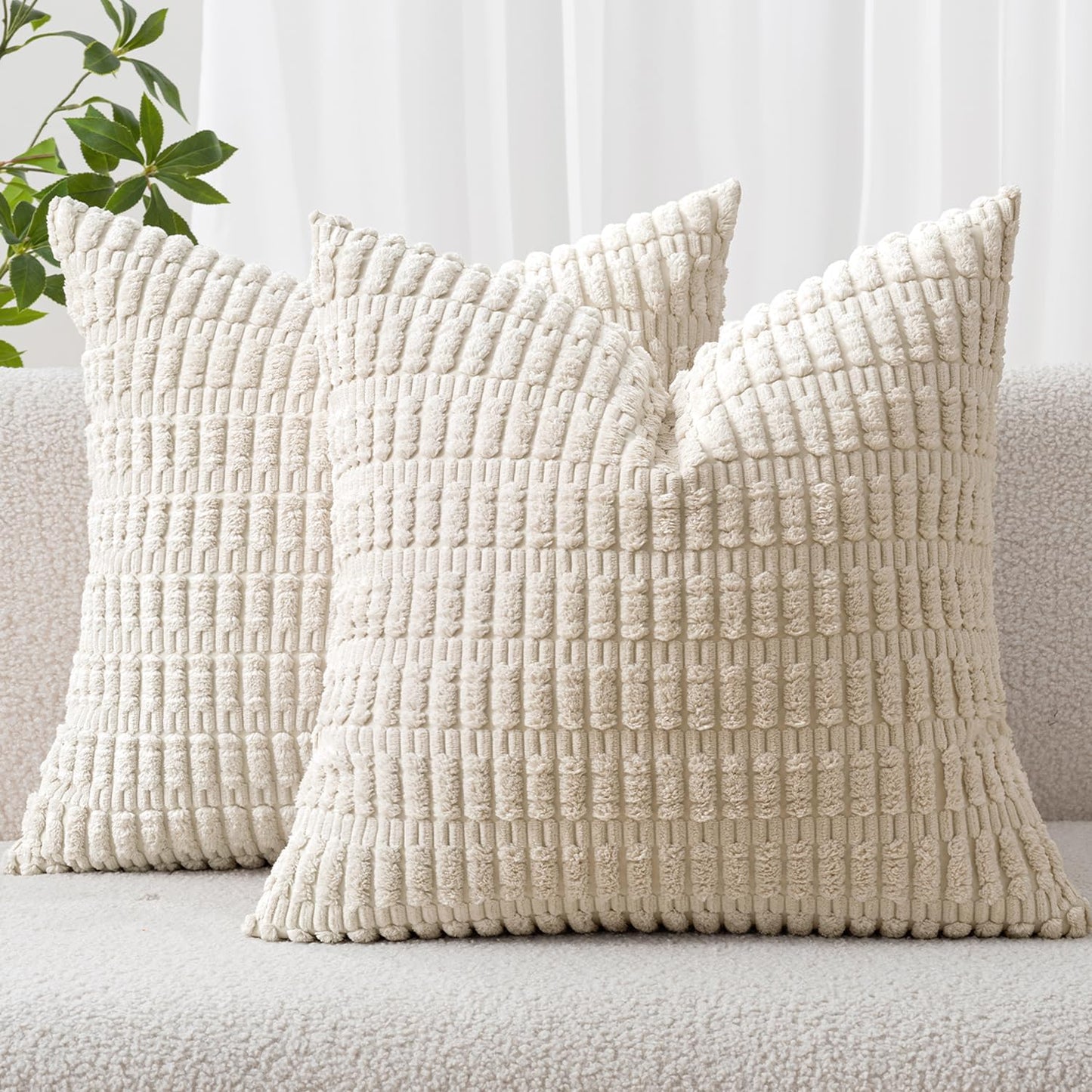 MIULEE Corduroy Decorative Throw Pillow Covers 18x18 Cream White Pack of 2 | Soft Boho Striped Pillow Covers Modern Farmhouse Home Decor For Sofa Living Room Couch Bed