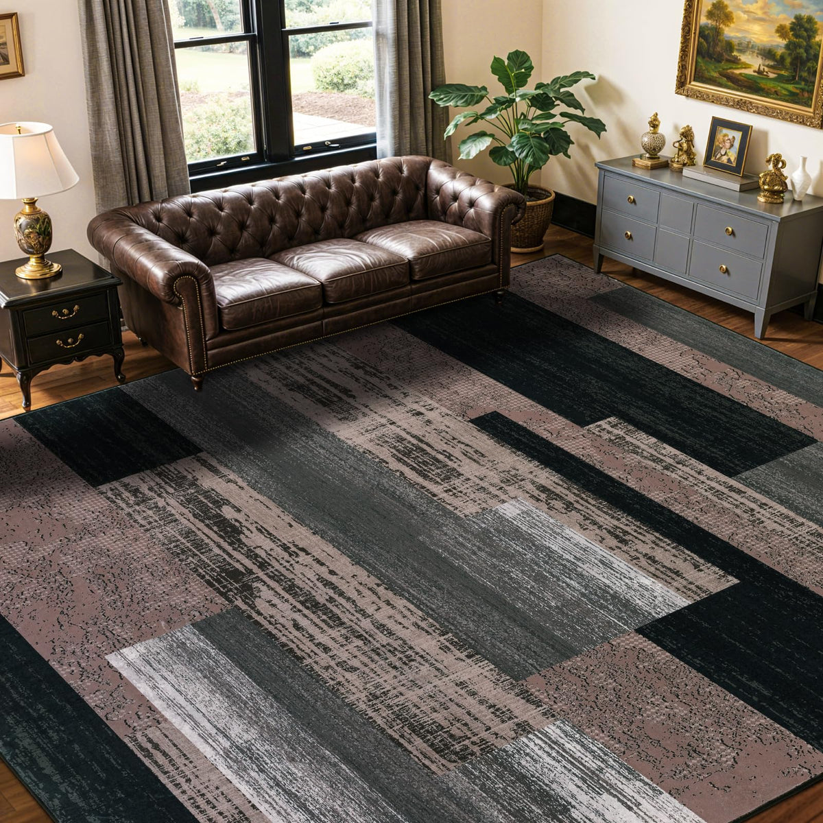 LIANLAM 8x10 Washable Area Rugs for Living Room & Bedroom(8x10,Black&Gray) | Non-Slip Large Carpet,Vintage Checkered Pattern, Stain Resistant Faux Wool Low Pile Soft Rug for Dining Room,Office,Nursery