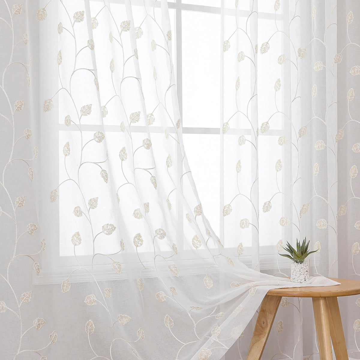 Sheer Curtains Boho Leaf Floral Embroidered Cream Beige 54Wx84L | Light Filtering Semi Sheer Voile Curtains With Design, Rod Pocket Window Drapes for Bedroom Living Room 2 Panels