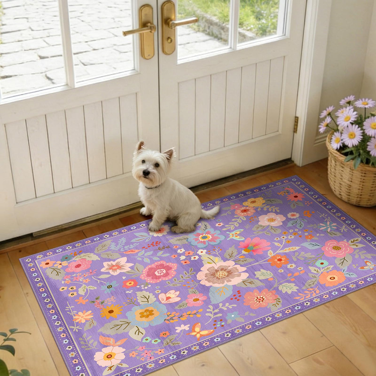 RELEANY Floral Washable 5x7 Area Rugs Black | Flower Carpet, Print, Boho, Non-Slip, Easy to Clean, Soft, Low Pile for Living Room Bedroom Kitchen Office Entryway Hallway