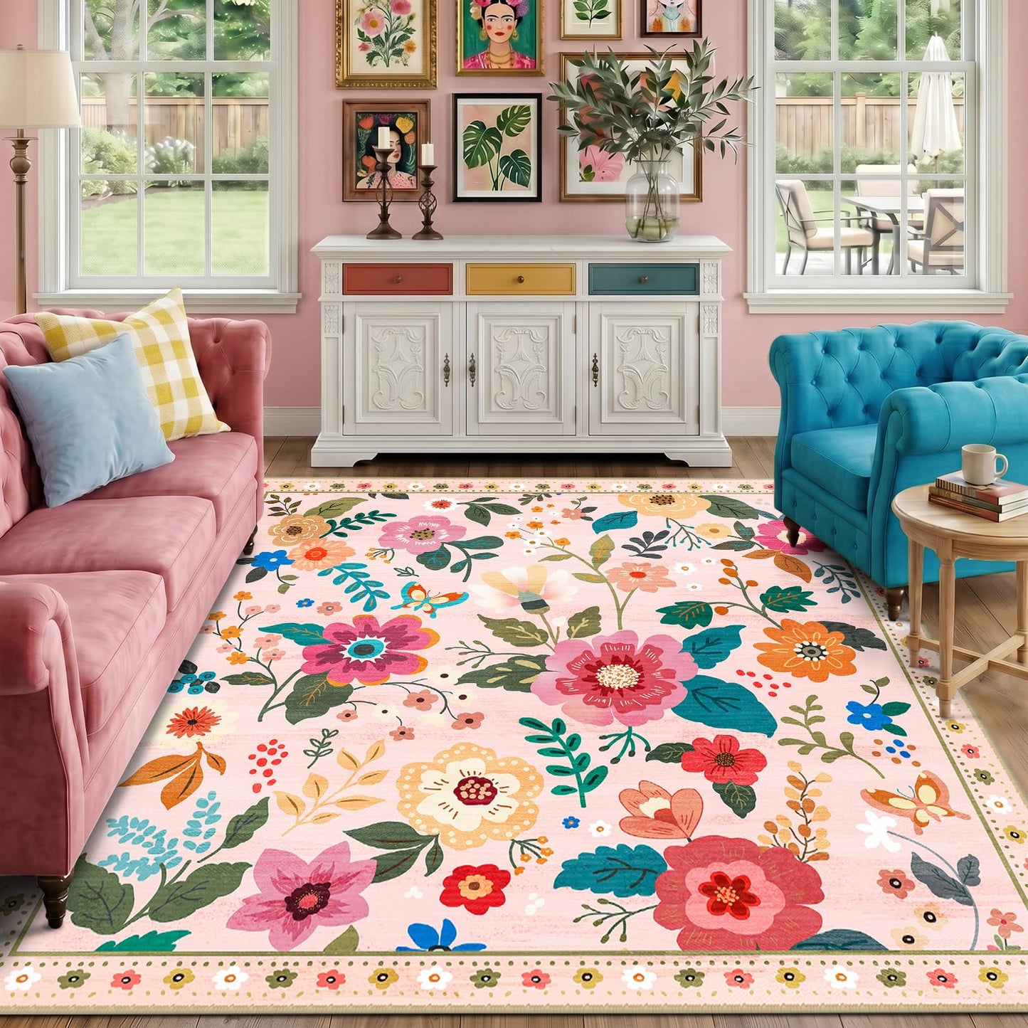 RELEANY Floral Washable 5x7 Area Rugs Beige/White/Orange | Flower Carpet, Print, Boho, Non-Slip, Easy to Clean, Soft, Low Pile for Living Room Bedroom Kitchen Office Entryway Hallway
