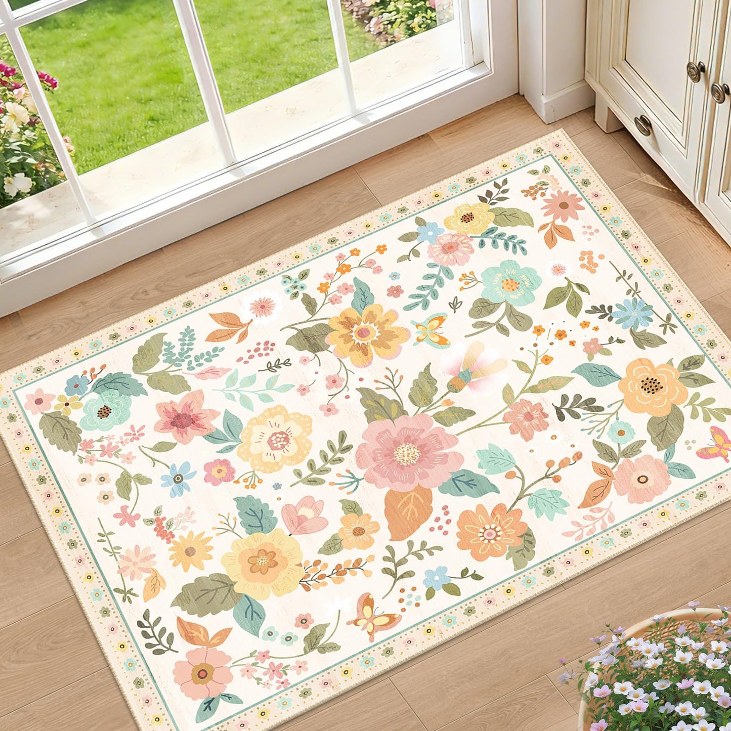 RELEANY Floral Washable 5x7 Area Rugs Black | Flower Carpet, Print, Boho, Non-Slip, Easy to Clean, Soft, Low Pile for Living Room Bedroom Kitchen Office Entryway Hallway