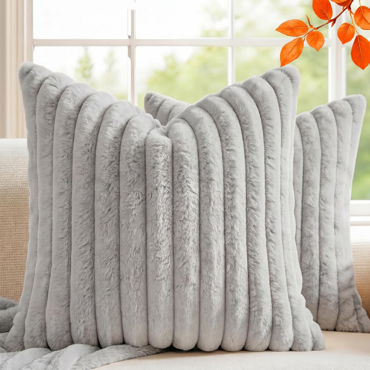 Pack of 2 Throw Pillow Covers 18x18 Decorative Solid Plush Faux Fur with Soft Velvet Back, Square Striped Cushion Cases Modern Farmhouse Home Decor for Living Room Couch Sofa Bed Cream White