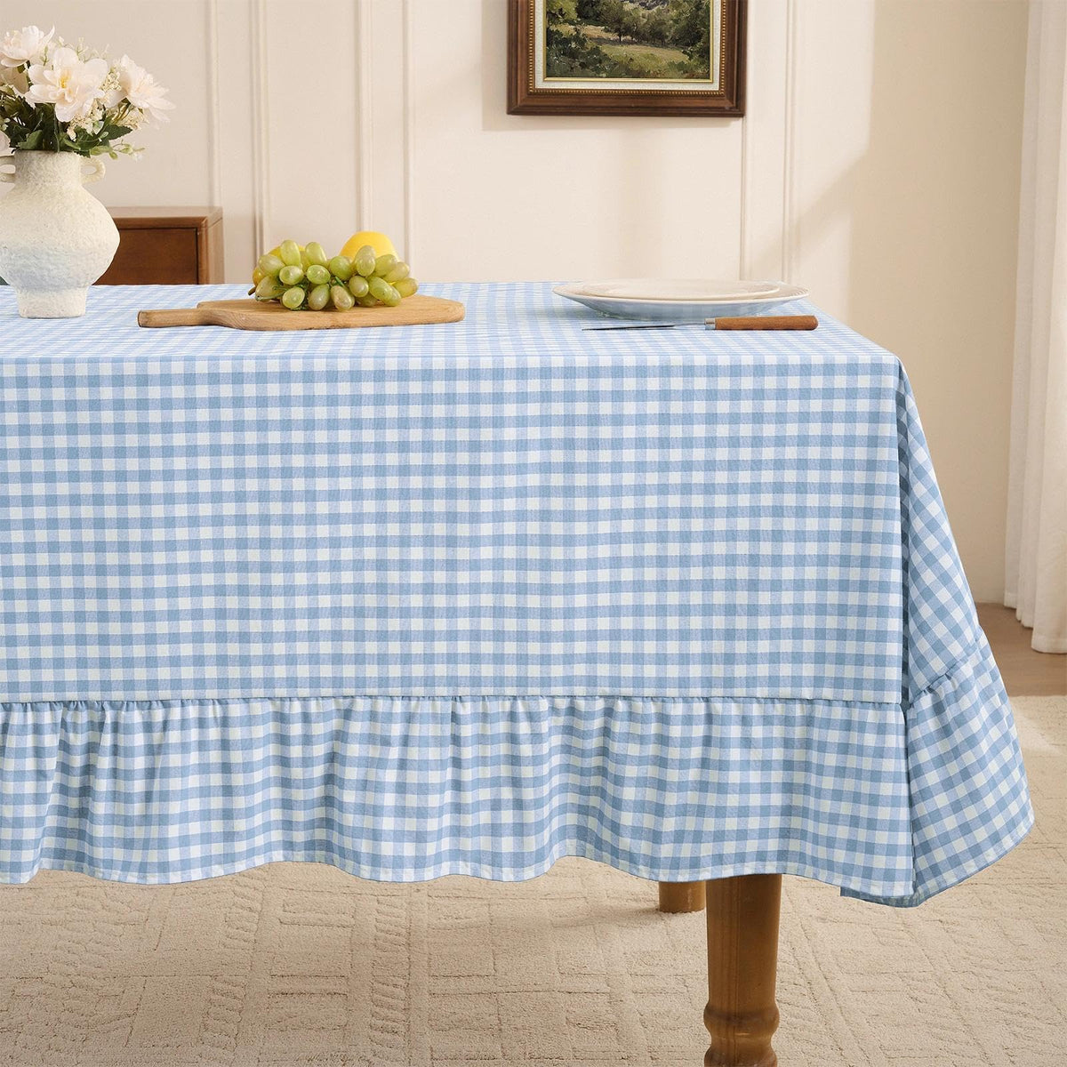 Romanstile Gingham Ruffled Tablecloth Rectangle, 60 x 84 Inch, Sage Green | Waterproof Checkered Table Cloth, Polyester-cotton, Farmhouse Plaid Table Cover for Outdoor, Picnic, Camping, Party