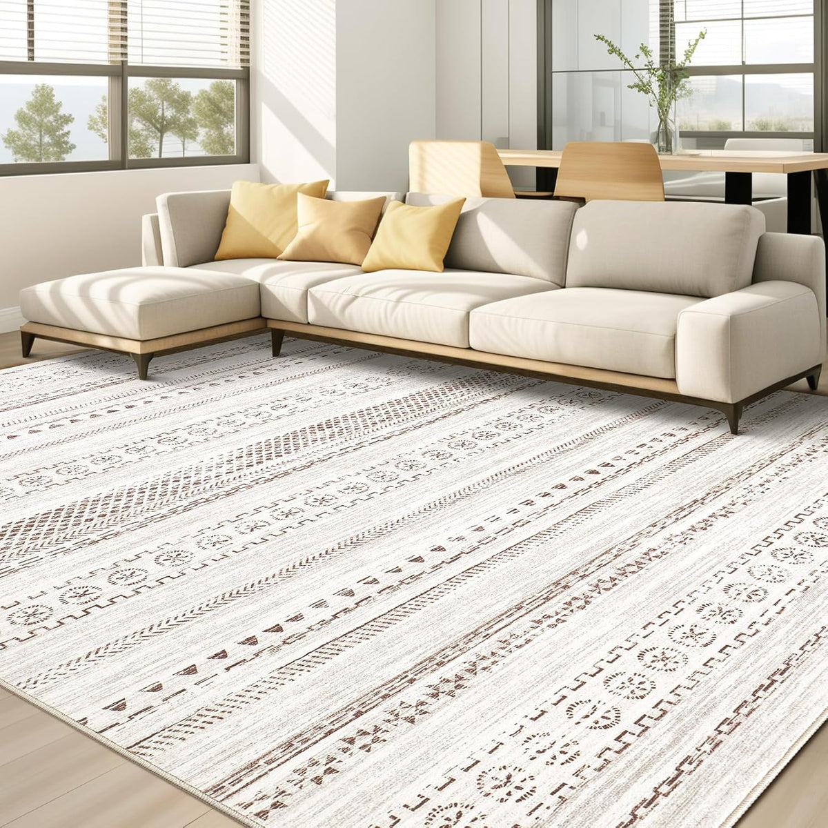 kakania 9x12 Washable Area Rug: Non Slip Soft Thin Carpet, Boho Geometric Modern Decor, Easy Clean Indoor Floor Large Rugs for Living Room Bedroom Kids Dorm Office Dining - Brown