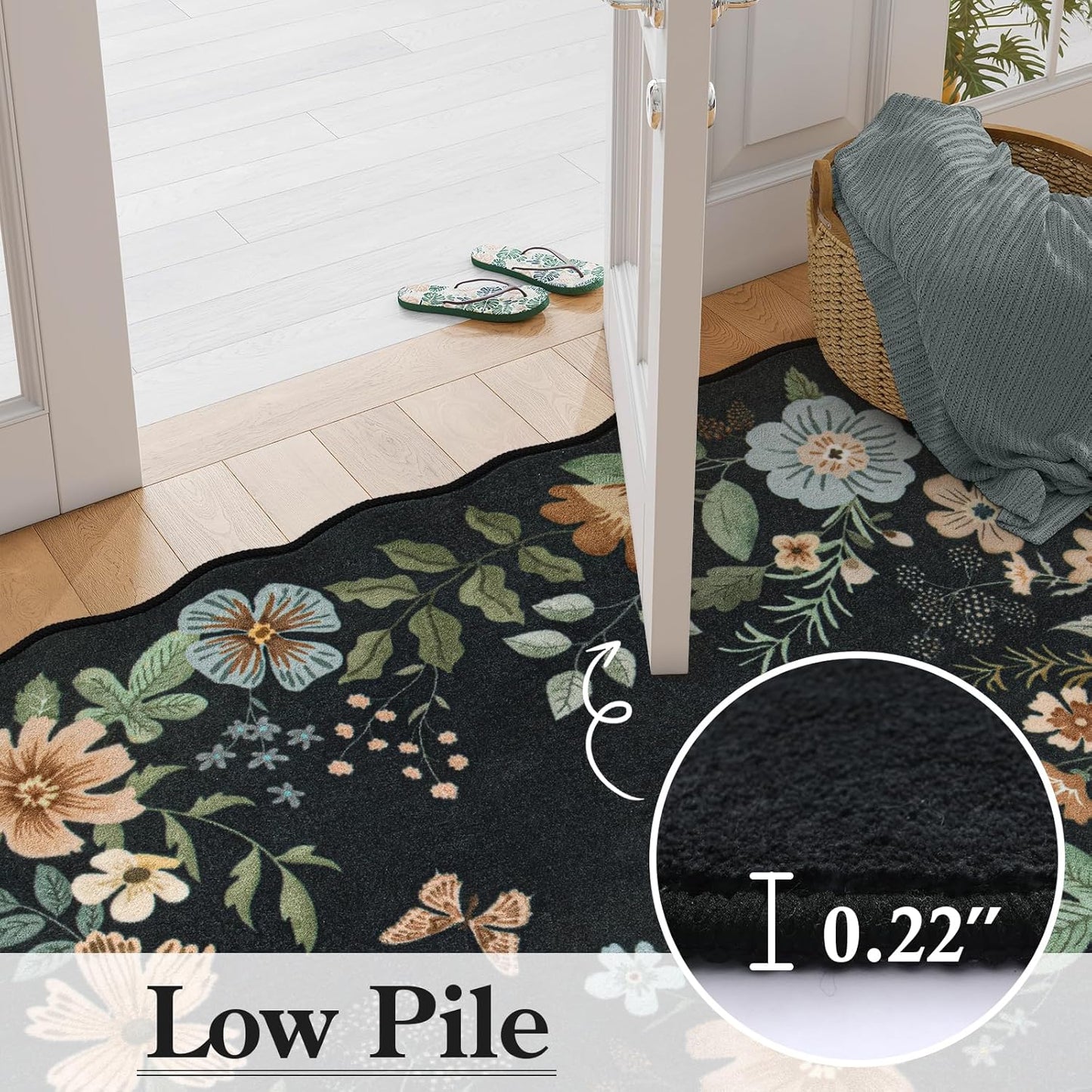 Lahome Floral Rugs for Living Room, 5x7 Area Rugs Ultra-Thin Soft Washable Rug, Non-Slip Bedroom Rug Stain Resistant Boho Flore Carpet for ‎Dining Room Office (5x7ft,Black/Grey)