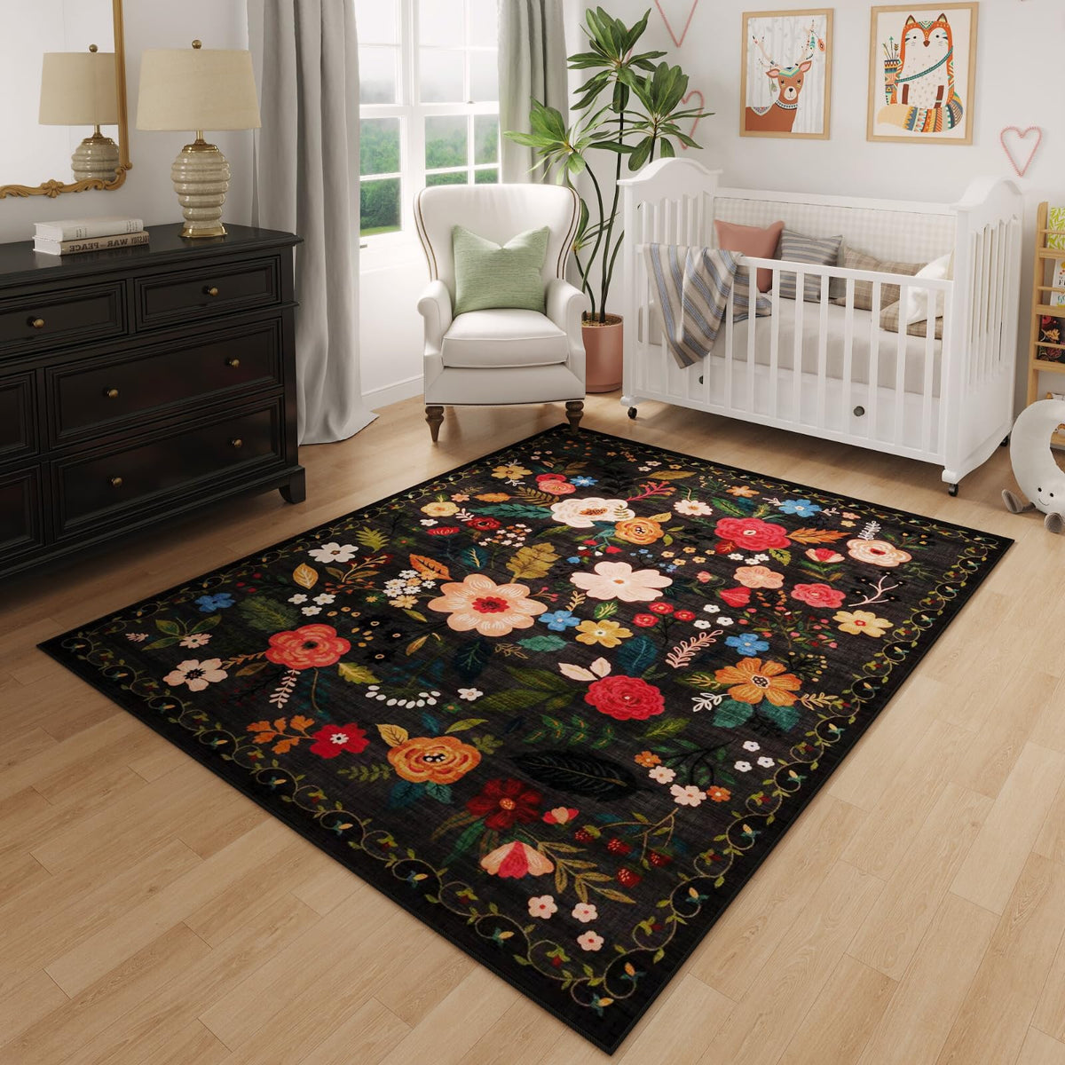 Rugcomf Living Room Rug 5x7 Rug Machine Washable Boho Area Rug Non Slip Floral Vintage Low Pile Large Rugs for Living Room, Bedroom, Farmhouse, Dining Room, Kids Playroom(Black)