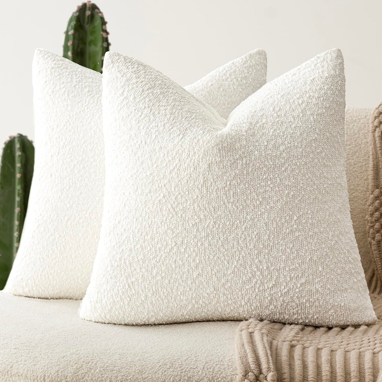 Foindtower Pack of 2, 20 x 20 Inch, Decorative Textured Boucle Throw Pillow Covers Accent Solid Pillow Cases Cozy Soft Couch Cushion Case for Chair Sofa Bedroom Living Room Home Decor, Cream White