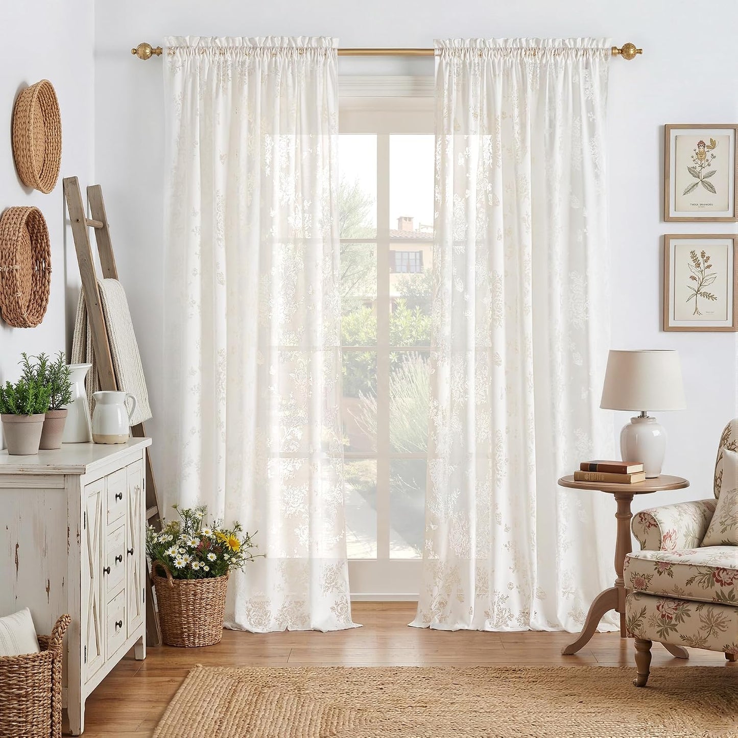 PONY DANCE Floral Butterfly Lace Sheer Curtains 84 Inch Length for Bedroom, Elegant Semi Gauze Drapes with Sheer Overlay for Living Room/Girls Room/Kids Room/Nursery, 2 Panels, 55″ Wide, Light Beige