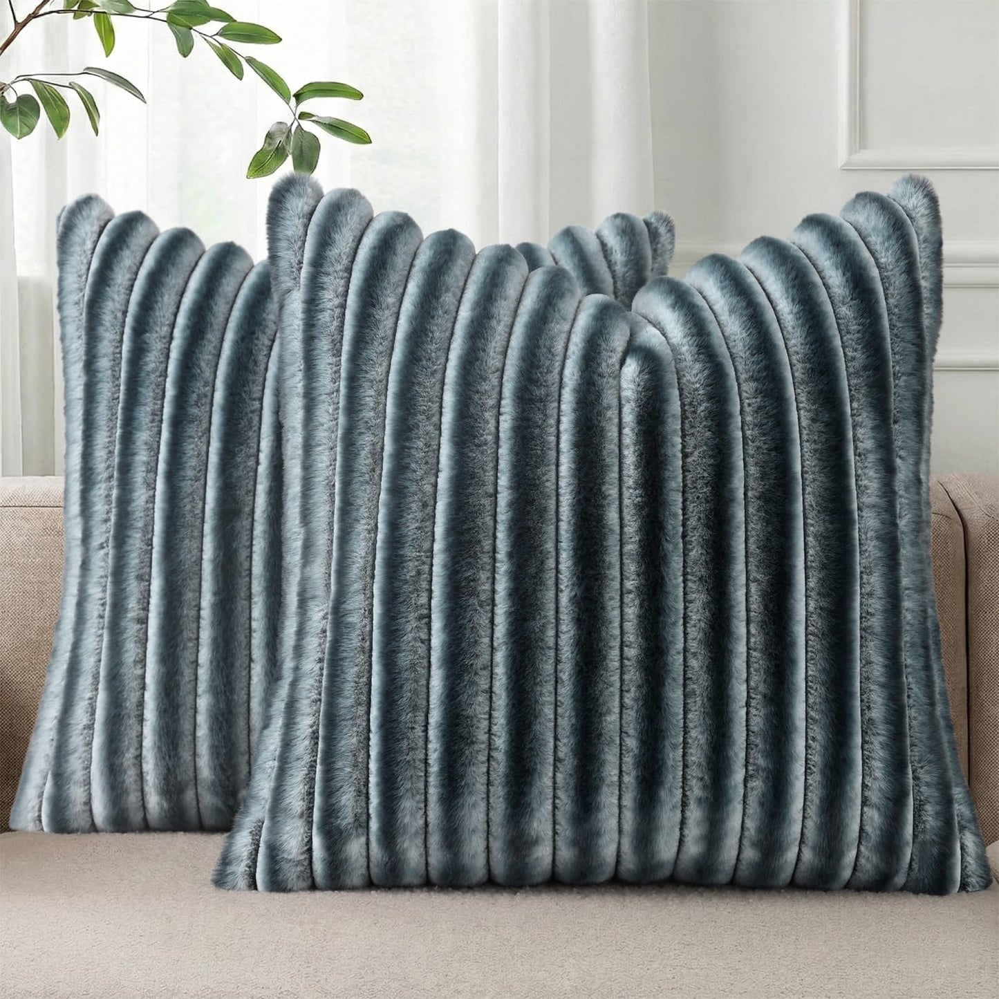 Pallene Faux Fur Decorative Throw Pillow Covers 18x18 Set of 2, Cream White | Luxury Plush Texture, Striped Design, Cozy Soft Touch, Modern Home Accent Decor for Couch, Sofa, Bed, Living Room