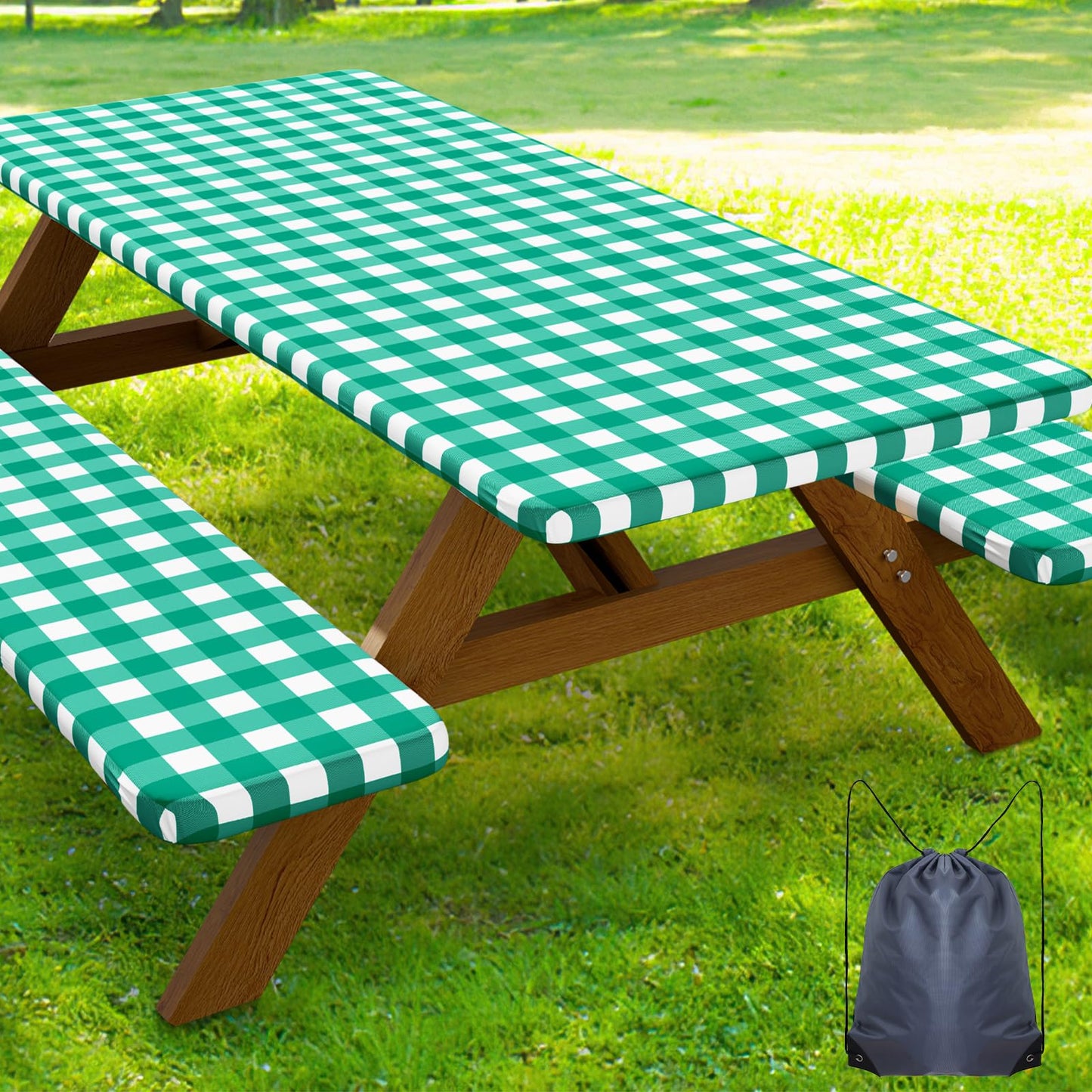 Smiry 6FT Picnic Table Cover with Bench Covers, Elastic Fitted Tablecloth | Waterproof Washable Rectangle Tablecloths ,Buffalo Plaid Tablecloth for Dining, Camping, Outdoor (Black & White, 30" x 72")
