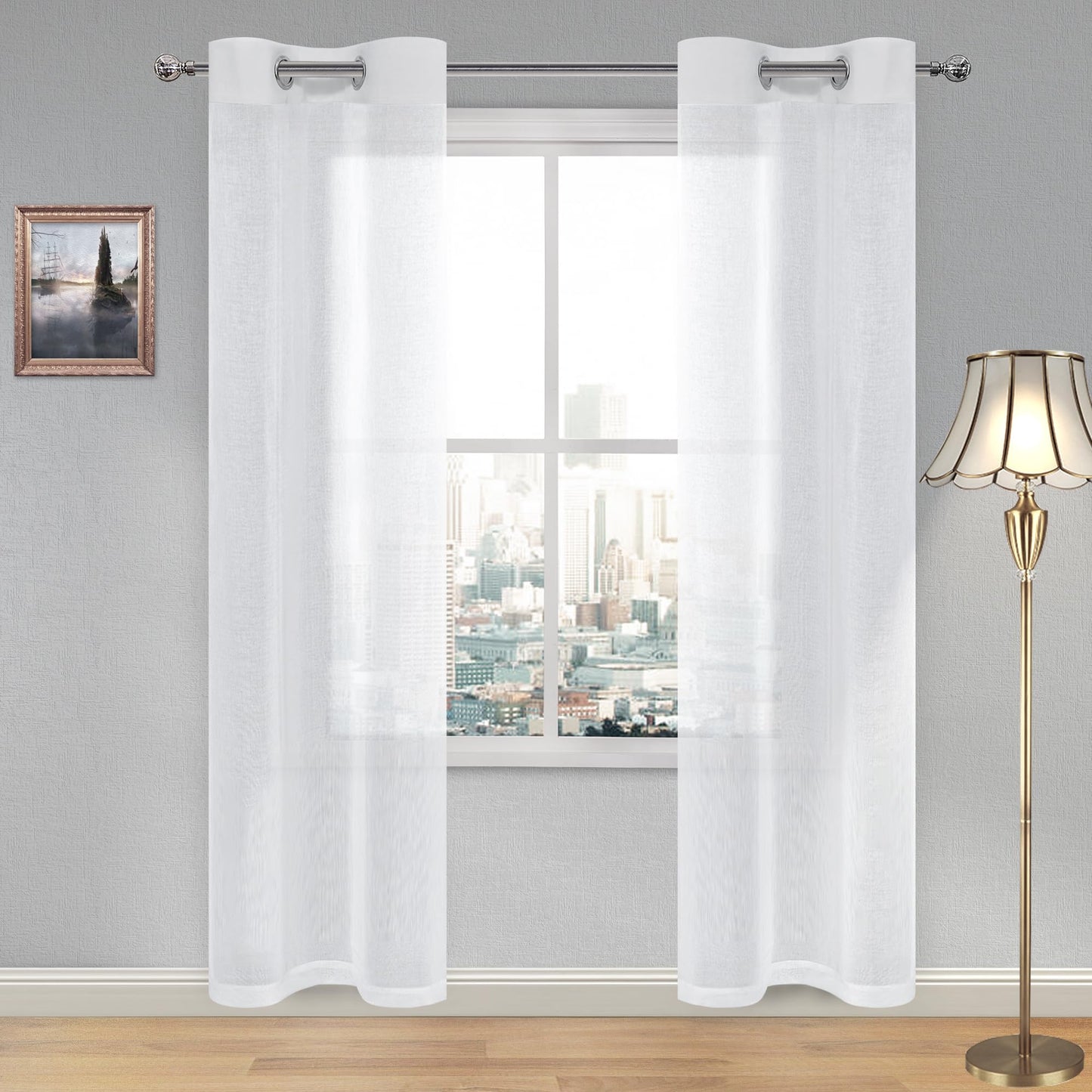 DWCN White Sheer Curtains Linen Look Semi Transparent Voile Grommet White Curtains for Living Dining Room Drapes 52 x 84 Inch Long, Set of 2 Panels