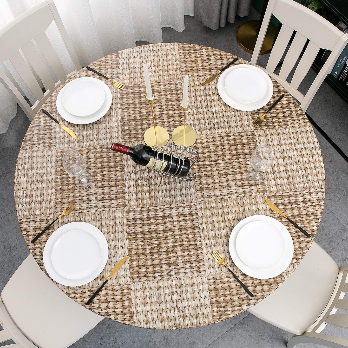 Pioggia Round Vinyl Fitted Tablecloth with Flannel Backing Elastic Table Cloth Waterproof Oil-Proof Plastic Table Cover Best for 45"-56" Round