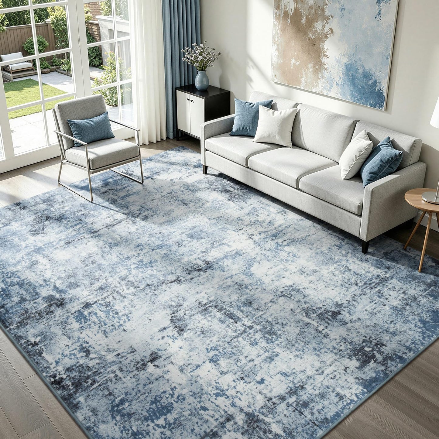 Rugflix 8x10 Area Rugs for Living Room, Washable Large Rug Stain-Resistant Low Pile, Modern Dark Carpet for Dining Room Home Office Kid Room Nursery Bedroom, Navy Blue/Black