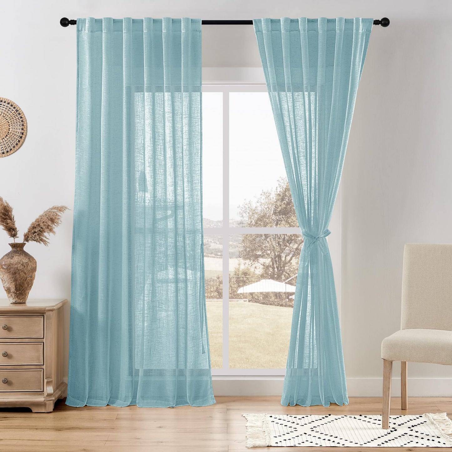 DWCN White Faux Linen Sheer Curtains, 2 Panels, 52x84 Inch | Faux Linen Textured Curtains with Rod Pocket & Back Tab, Semi Voile Light Airy Gauzy Privacy Drapes for Living Room Bedroom