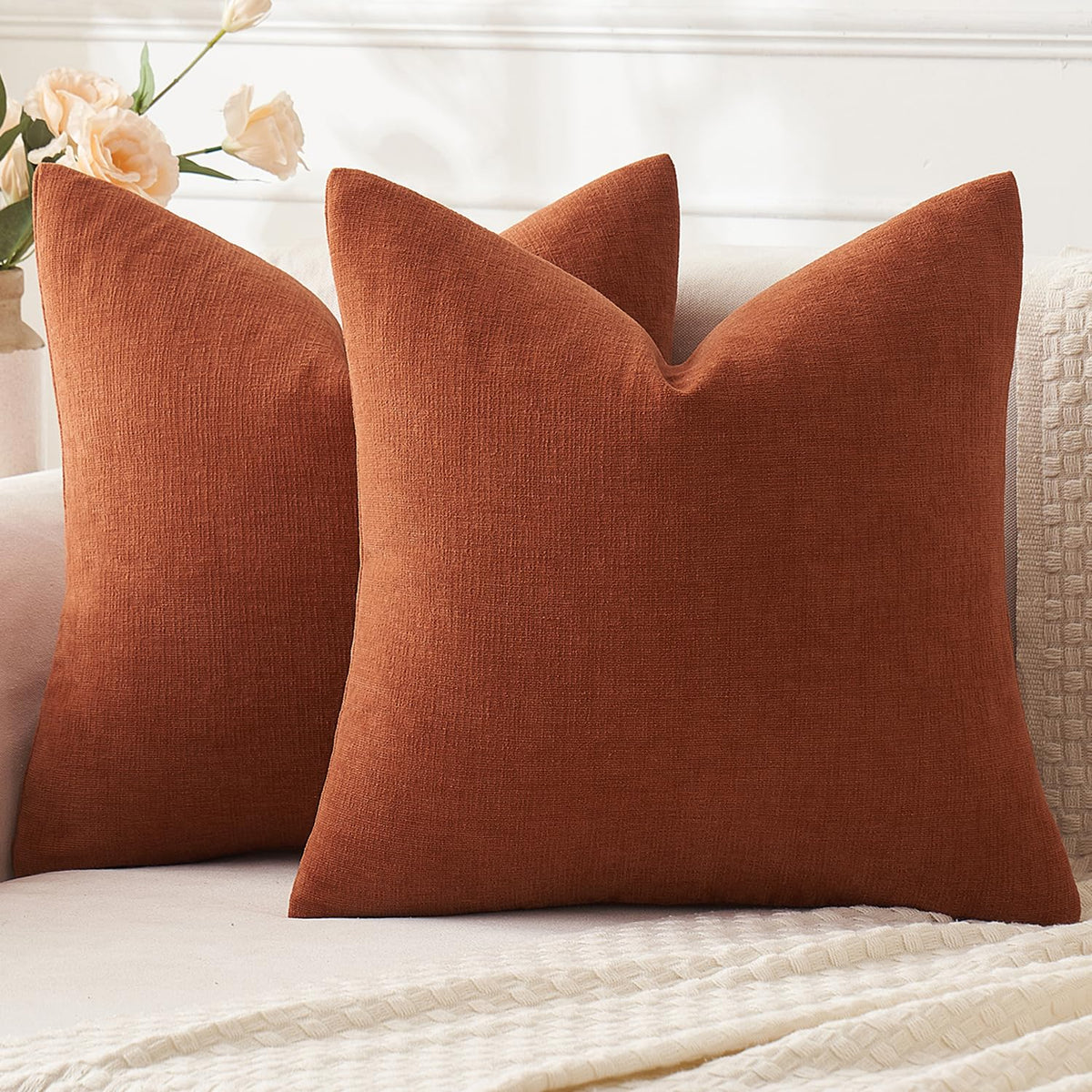 MIULEE Olive Green Chenille Couch Throw Pillow Covers, 18x18 | Set of 2, Soft Modern Farmhouse Style, Decorative Pillowcases for Sofa Living Room Bed, Home Decor