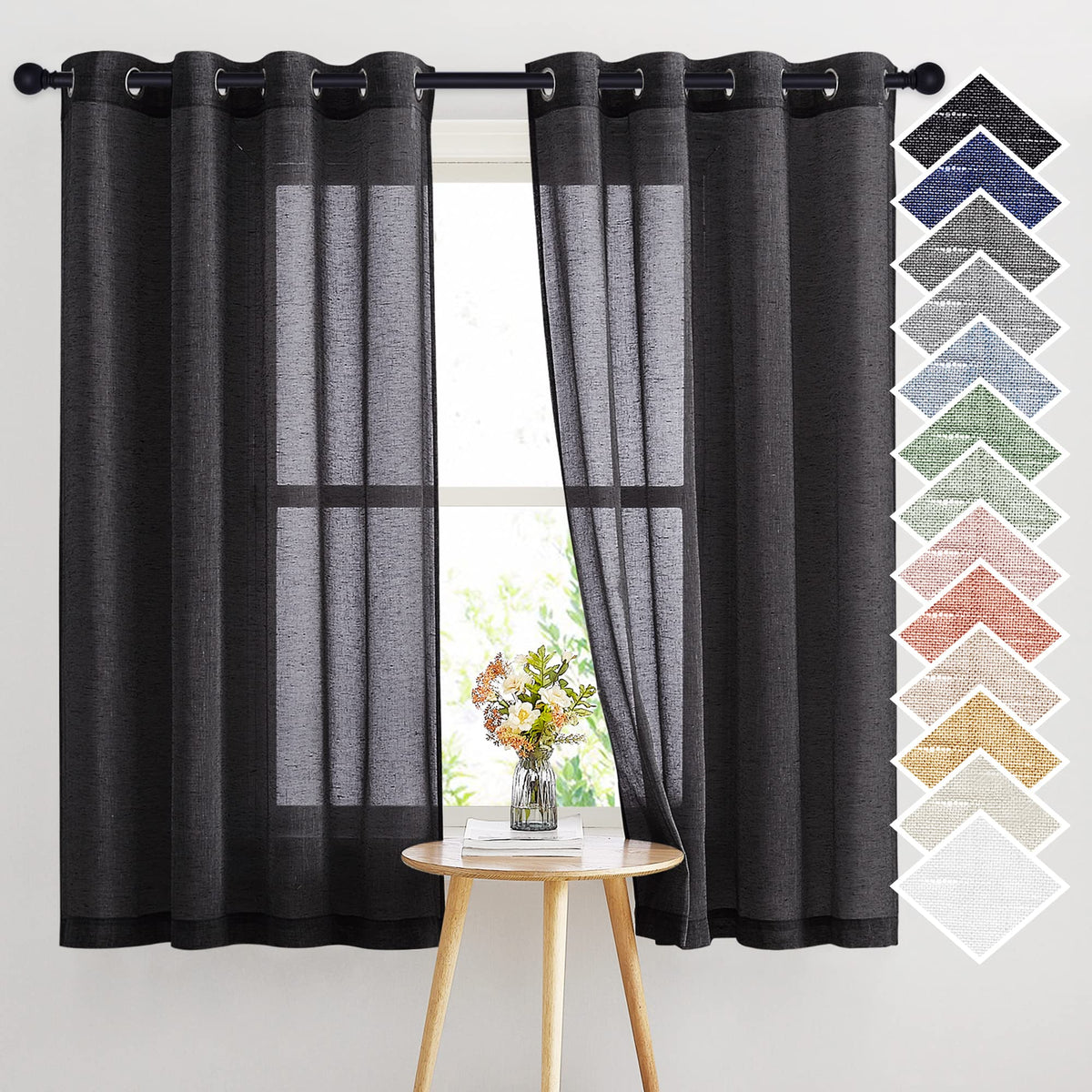 NICETOWN White Sheer Linen Curtains for Living Room 84 inch Length 2 Panels Set, Grommet Semi Sheer Privacy with Light Filtering Flax Window Treatments for Bedroom, W52 x L84