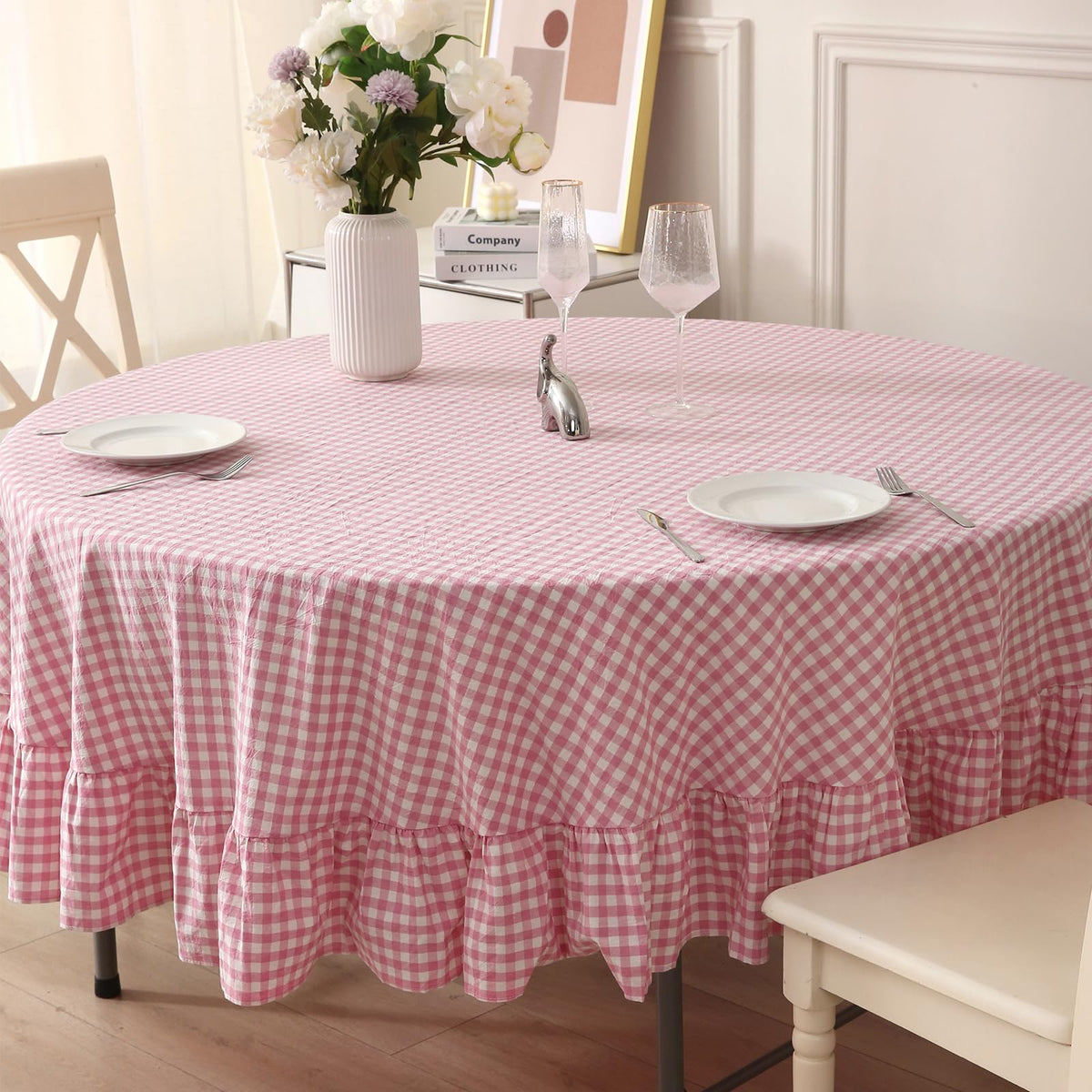 Blush White Gingham Ruffled Table Cloth Rectangular 120“x60” | 100% Washed Cotton, for Seat 8-10, Buffet Picnic Baby Shower Party Tablecloth, Decorative Checker Plaid Farmhouse Table Cover