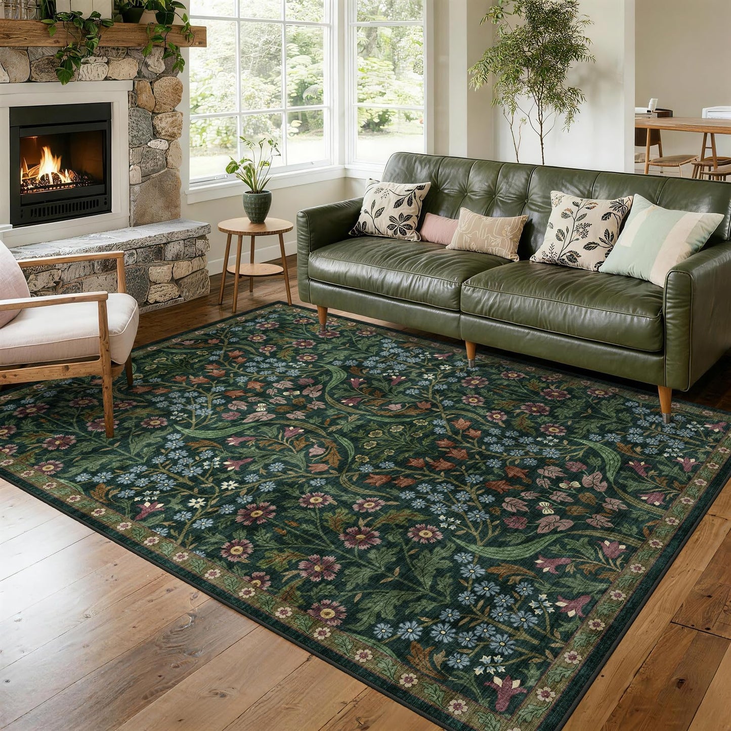 5x7 Washable Area Rug Green Boho Floral for Living Room Bedroom Nursery | Carpet for Dining Room, Soft Low-Pile Non-Slip Faux Wool, Farmhouse Indoor, Kid & Pet Friendly, Stain, Fade & Wear Resistant