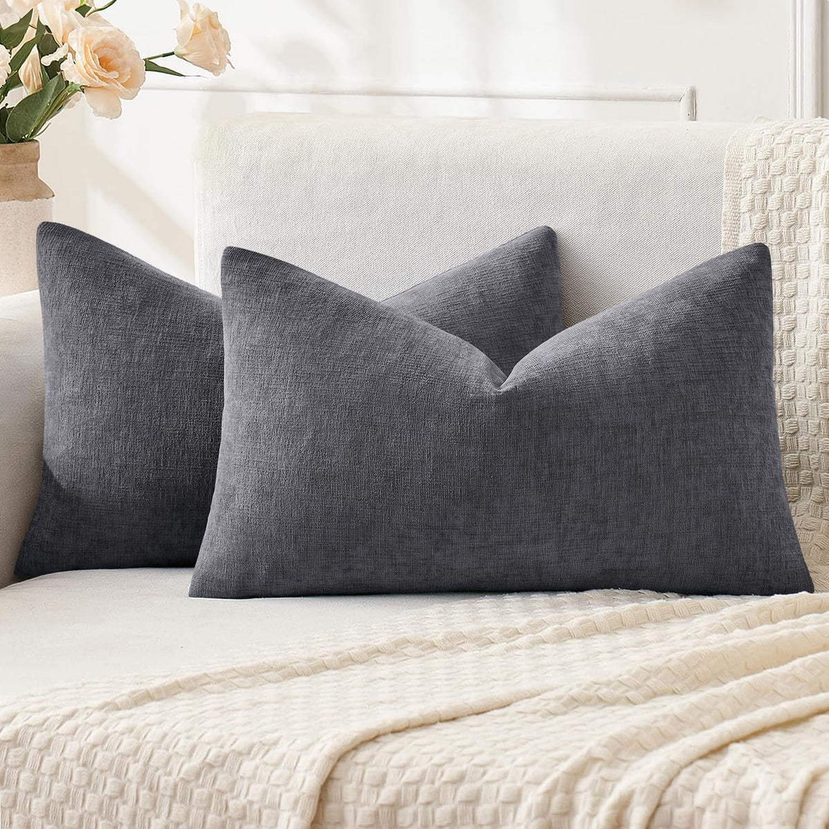 MIULEE Olive Green Chenille Couch Throw Pillow Covers, 18x18 | Set of 2, Soft Modern Farmhouse Style, Decorative Pillowcases for Sofa Living Room Bed, Home Decor