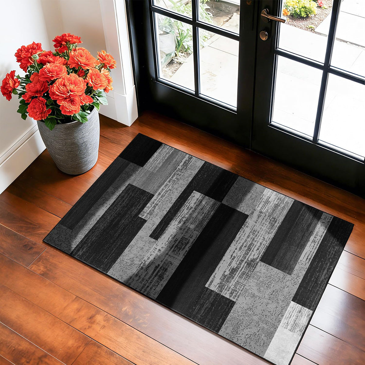 LIANLAM 8x10 Washable Area Rugs for Living Room & Bedroom(8x10,Black&Gray) | Non-Slip Large Carpet,Vintage Checkered Pattern, Stain Resistant Faux Wool Low Pile Soft Rug for Dining Room,Office,Nursery
