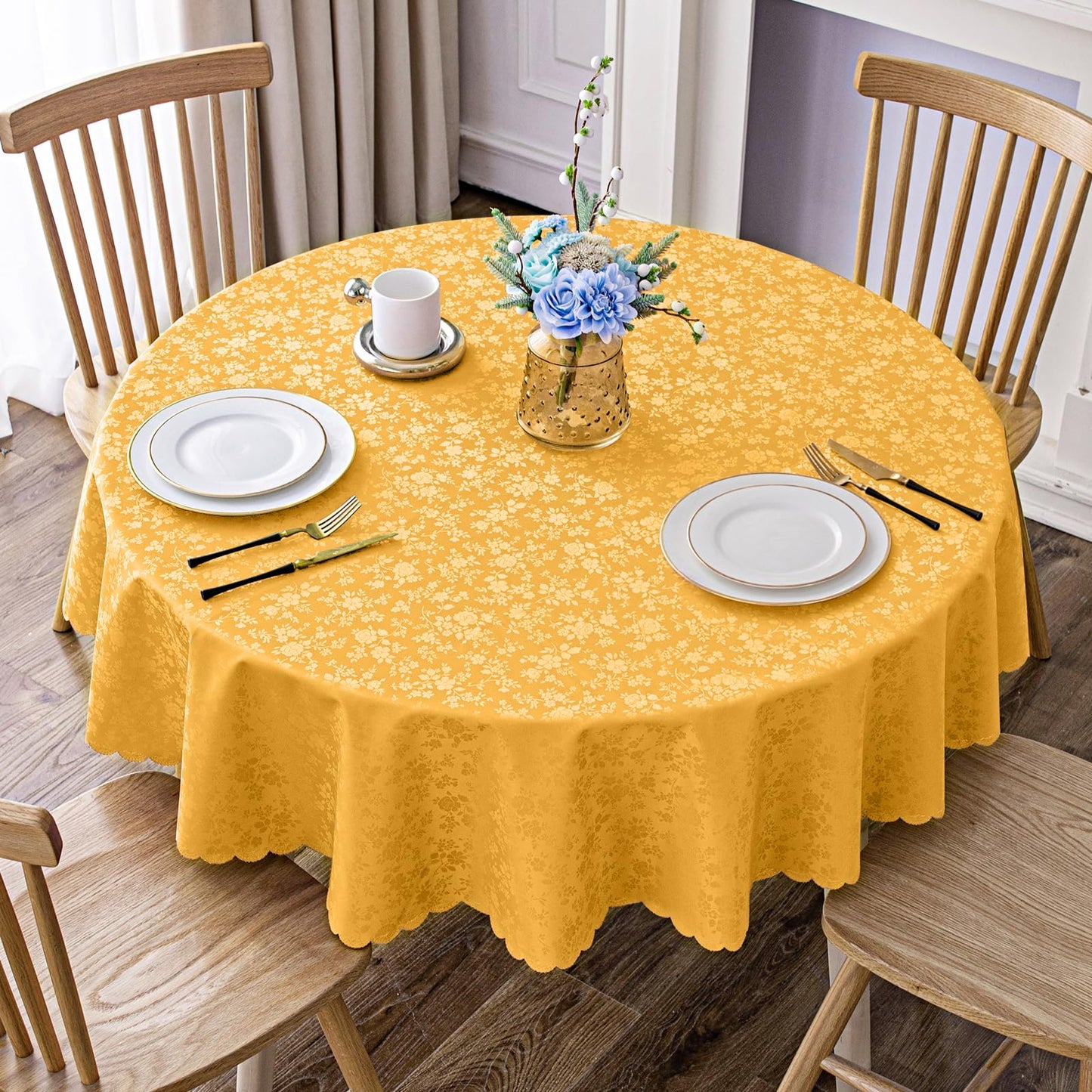 Smiry Rectangle Waterproof Heavy Duty Vinyl Tablecloths, 60 x 84 Inch | Wipeable Washable Floral Embossed Table Cover for Kitchen and Dining Room, Indoor & Outdoor Use, Beige