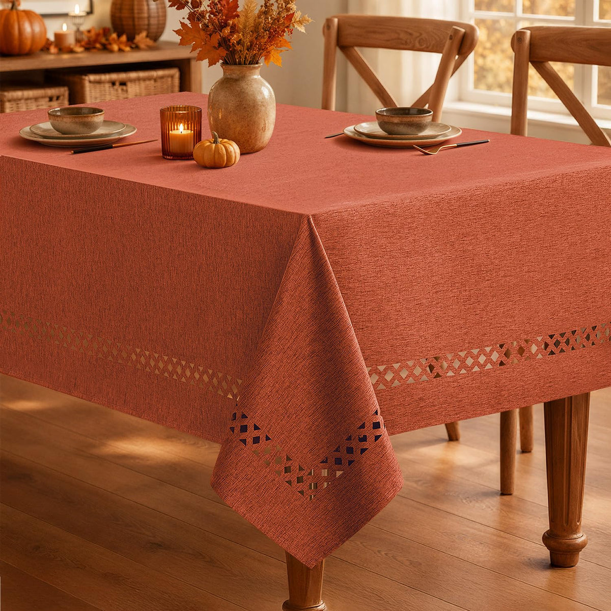 MIULEE Beige Rectangle Tablecloth with Decorative Cutouts 52x70 Inch | Waterproof Stain Resistant & Shrink-Proof Table Cloth, Farmhouse Style, for Dining Wedding Kitchen Party Outdoor