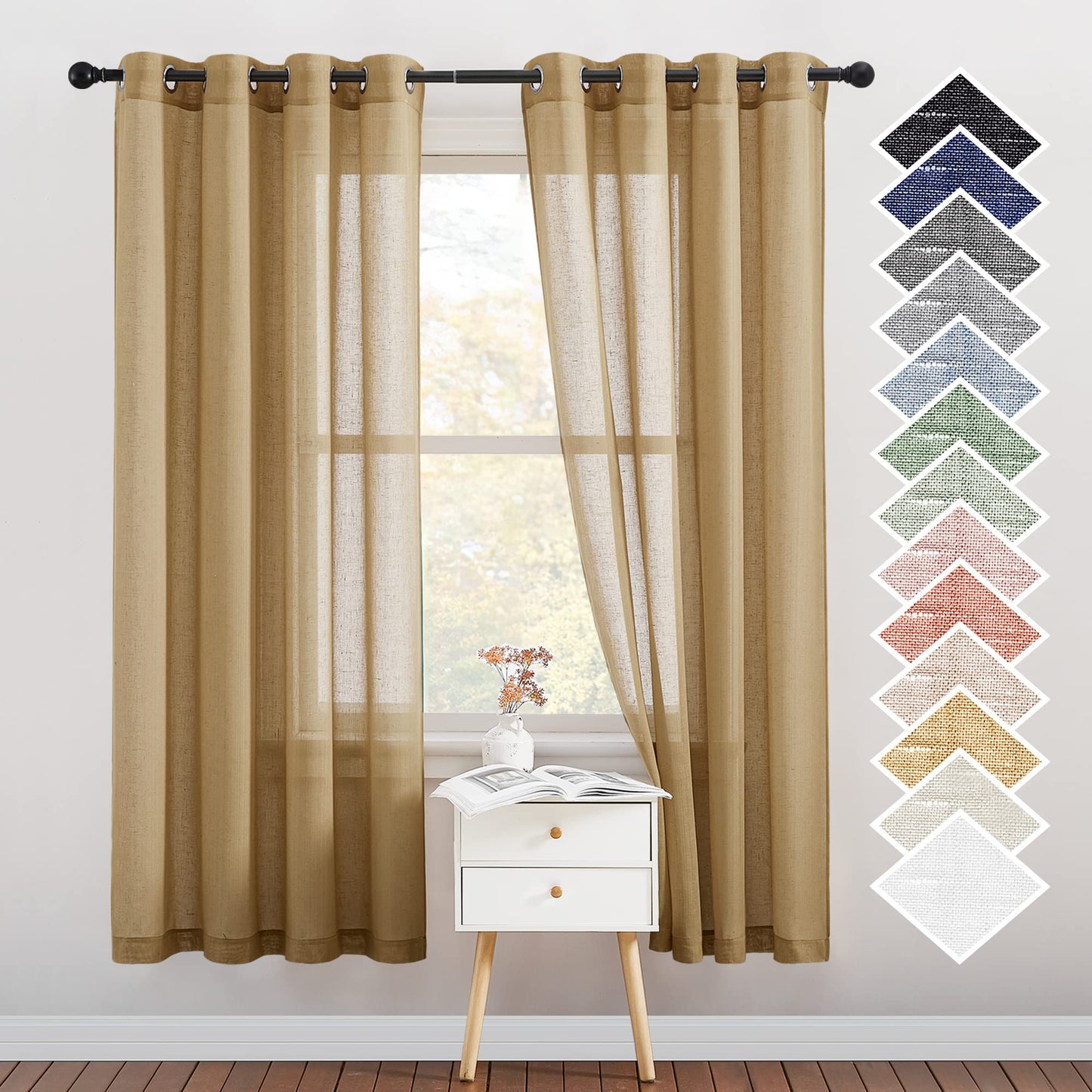 NICETOWN White Sheer Linen Curtains for Living Room 84 inch Length 2 Panels Set, Grommet Semi Sheer Privacy with Light Filtering Flax Window Treatments for Bedroom, W52 x L84