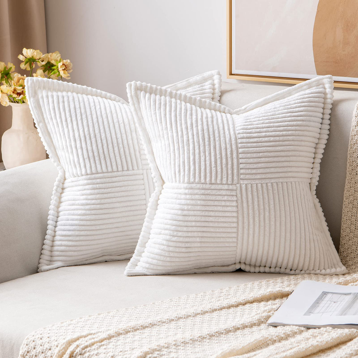 MIULEE Decorative Throw Pillow Covers for Couch 18x18 Inch Beige 2 Pack | Boho Broadside Striped Patchwork Pillow Covers, Soft Corduroy Cushion Cases, For Sofa Bed Livingroom Home Decor