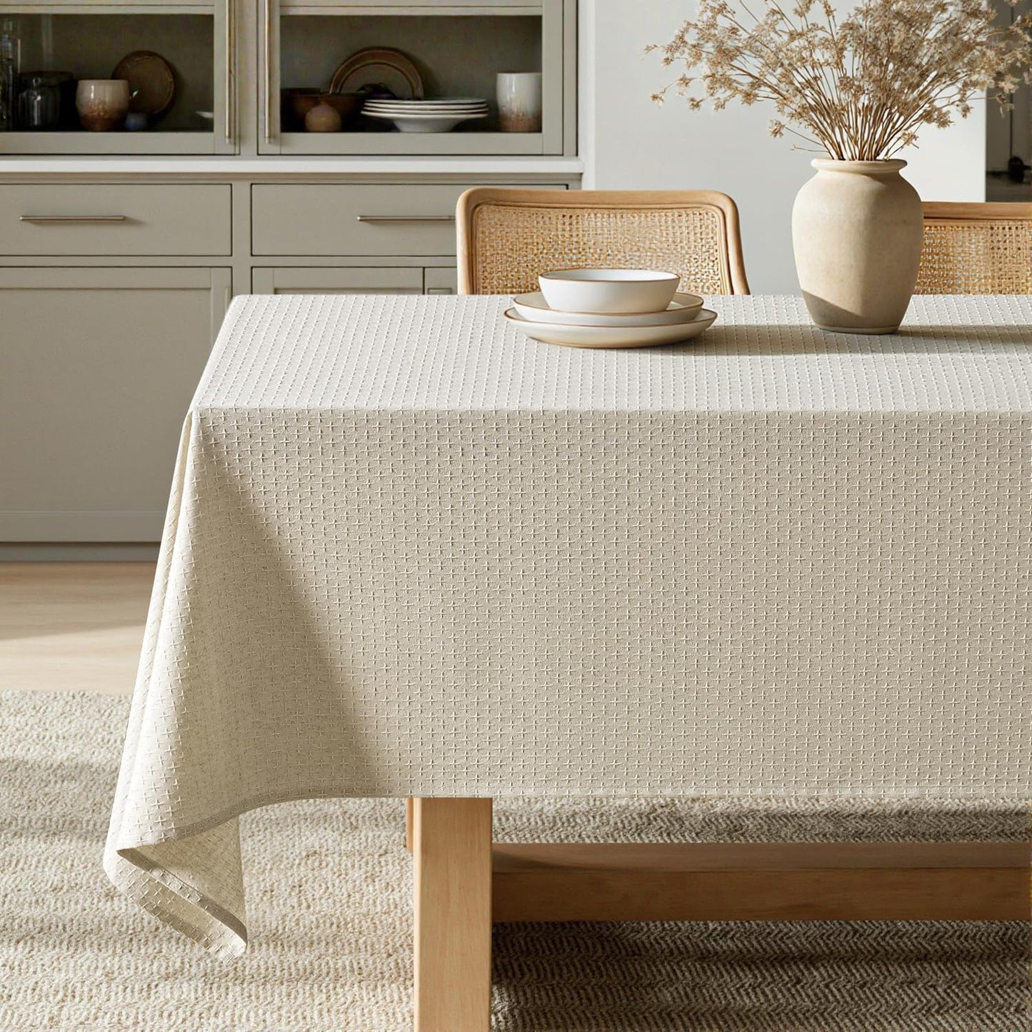 MIULEE Natural Beige Linen Cotton Table Cloth Rectangle Tablecloth Spring Waterproof Spillproof Cross-Star Textured Table Cloth Decorative Farmhouse Style for Dining Party Weddings 52x70 Inch